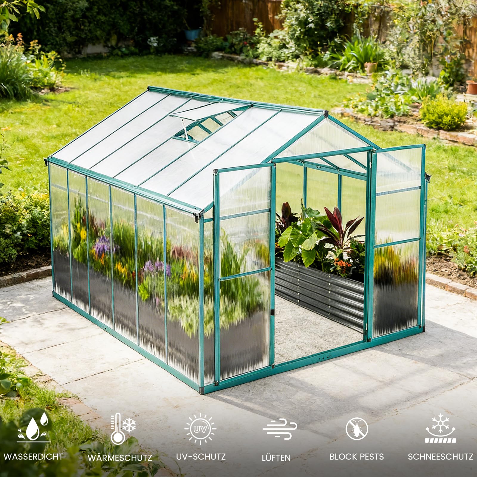 Gewächshaus Aluminium mit Fundament 361x238cm - 8,59m² Tomatenhaus winterfestes Gewächshaus in Grau - stabiles Gartengewächshaus für Balkon & Garten (Grün, 361*238*210cm)