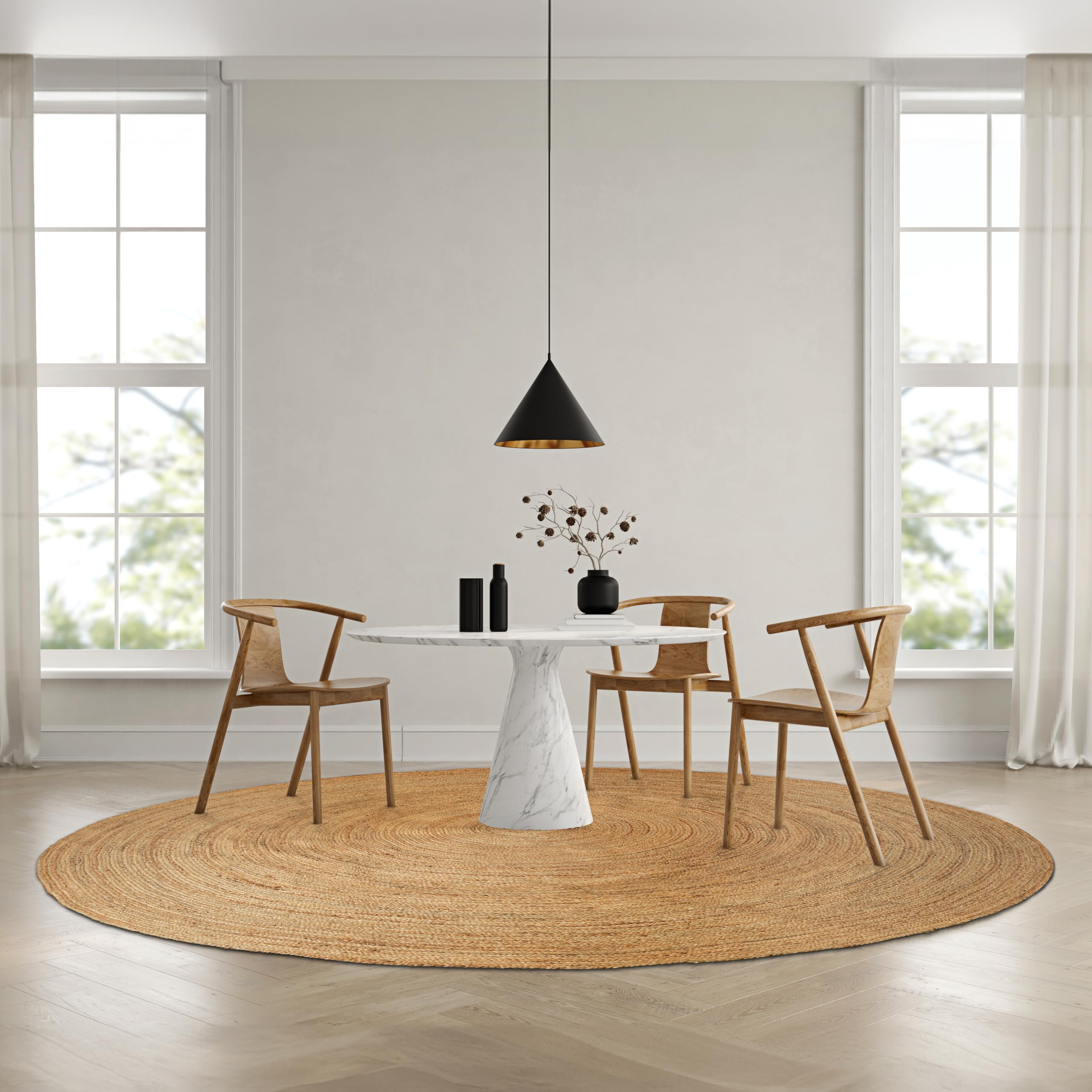 hausattire jute braided hand woven rug, 8 feet round – natural, boho large area rugs for bedroom, living room | farmhouse décor kitchen floor rug – 8’ round