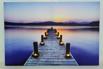 Northlight LED Lighted Sunset Boat Dock Scene Canvas Wall Art, 15.75" x 23.5", Blue