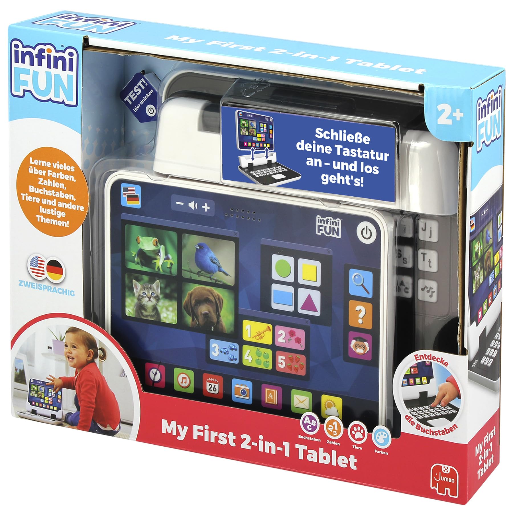 INFINI FUN - Ma première Tablette 2 en 1 - Jouet éducatif électronique - Jouets d'imitation - Divers thèmes tels Que Les Animaux, Les Chiffres et l'alphabet - A partir de 2 Ans