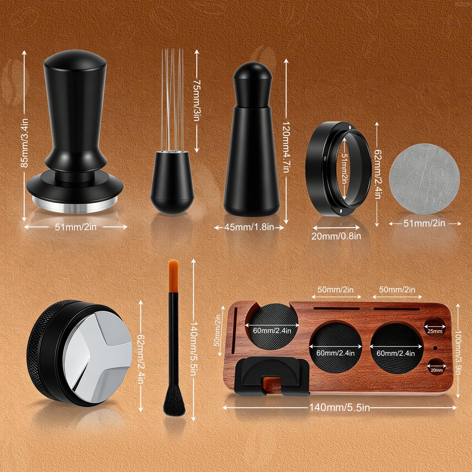 Espresso Zubehör Set 8-teilig, 51mm Kaffee Tamper mit Tamperstation und WDT Werkzeug, Verteilwerkzeug & Dosierring für Siebträger, geeignet für Breville und Delonghi
