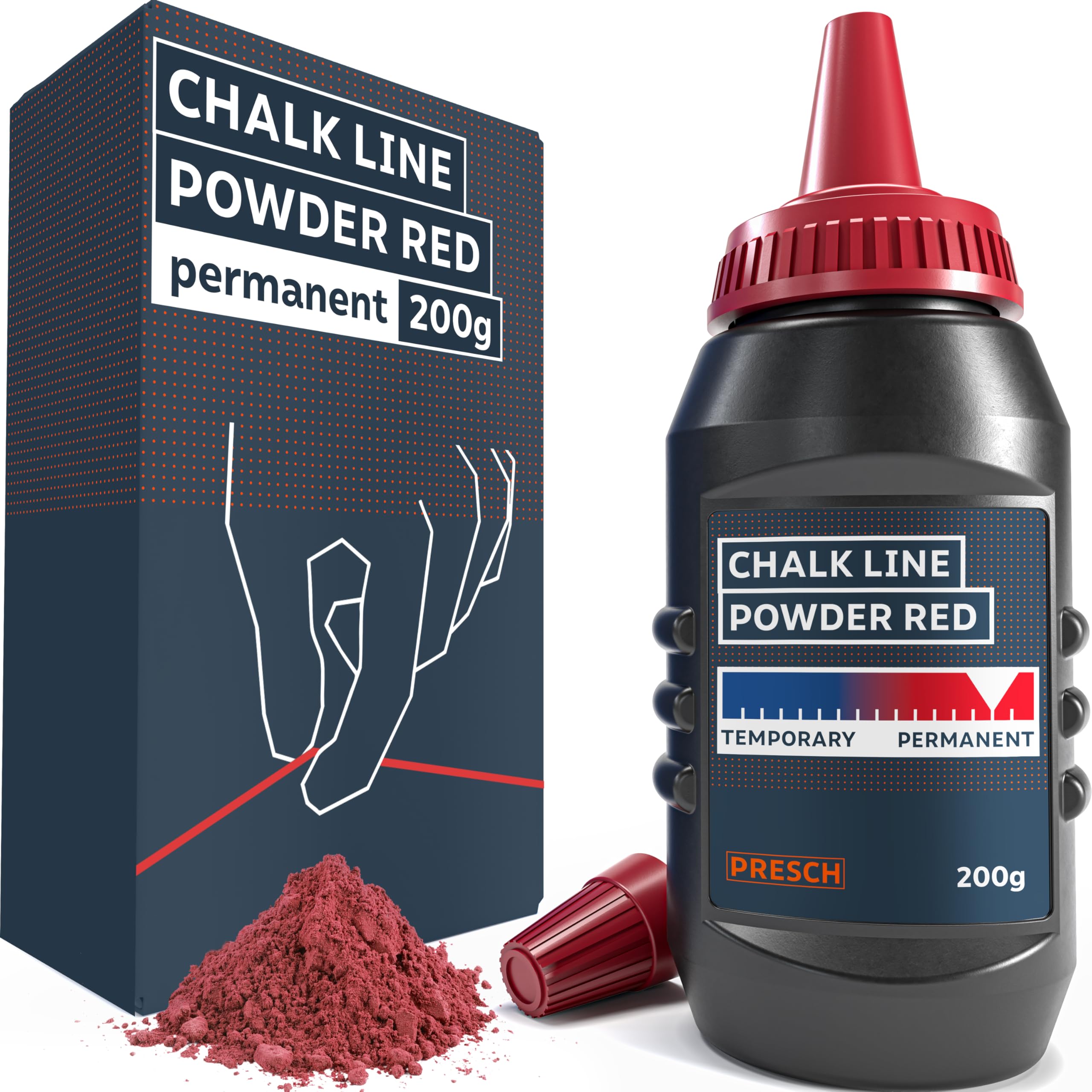 PRESCH Red Powder Bottle 200 g, Clear and visible lines thanks to the intense red colour, Weatherproof chalk for outdoor use