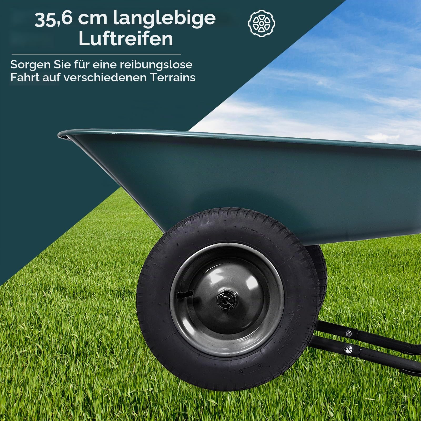 SOARS Schubkarre 100 Liter Volumen, Gartenschubkarre mit 2 Luftreifen, Gummigriff, Schiebkarre Transportkarre, ideal zum Bewegen von Boden, Pflanzenstrauch, Gartengerät, 65 x 145 x 65 cm (Grün)