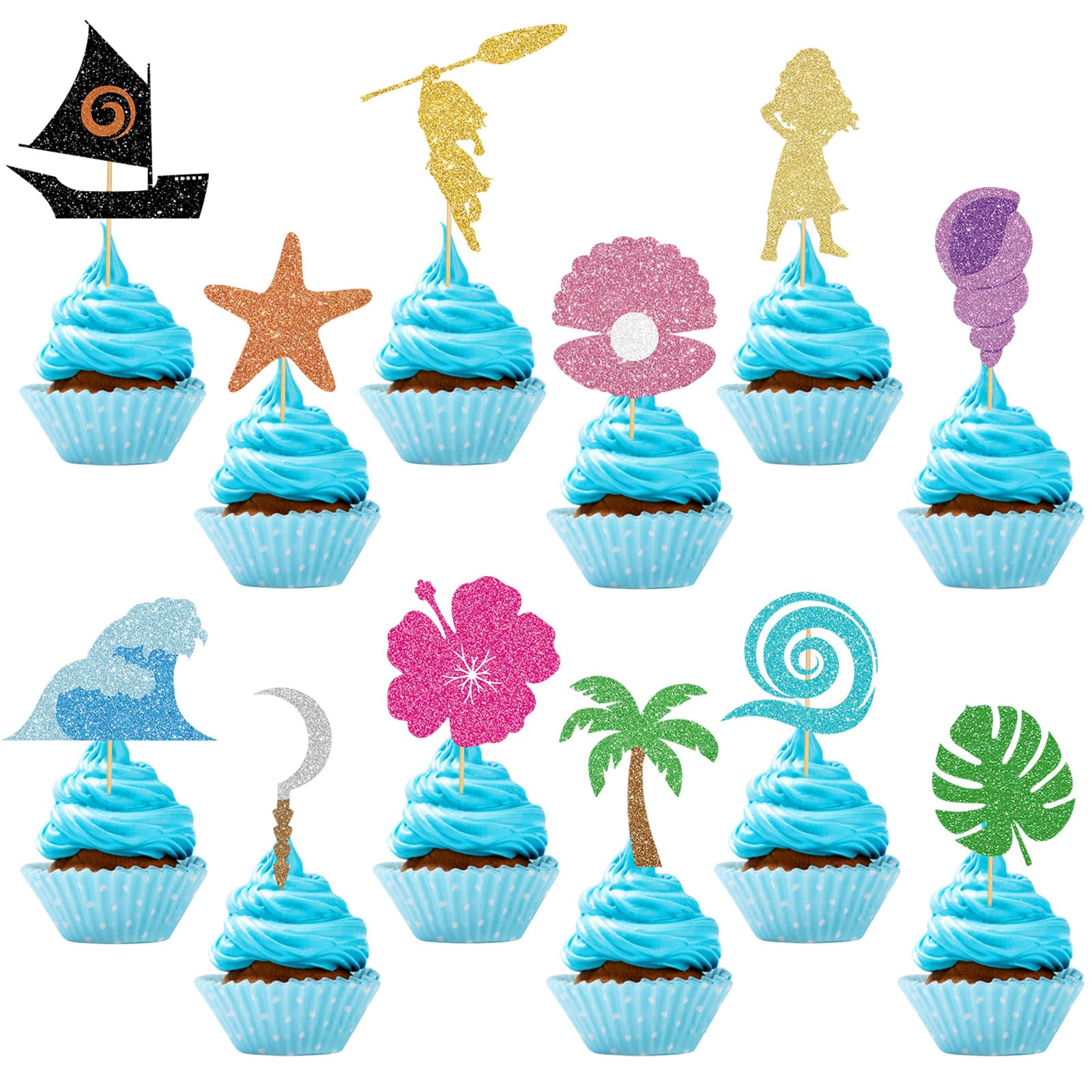 Adecortalk 48 Pcs Glittery Summer Moana Inspired Birthday Cupcake Toppers Tropical Hawaiian Luao Theme Baby Shower Cupcake Toppers Cake Decorations for Kids Boys Girls Toddles Summer Party Supplies