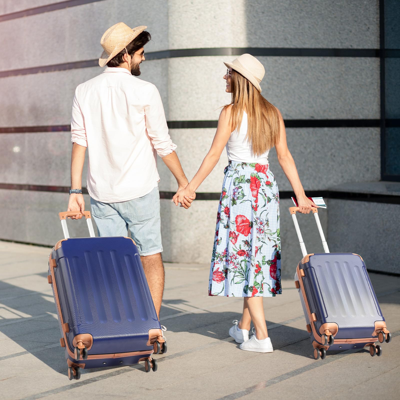 LEADZM Set di Valigie Rigide 4 Pezzi con Beauty Case (Blu Navy-Marrone) | Set Valigie con Rinforzi Angolari, Luggage Suitcase Grande 23 kg in ABS