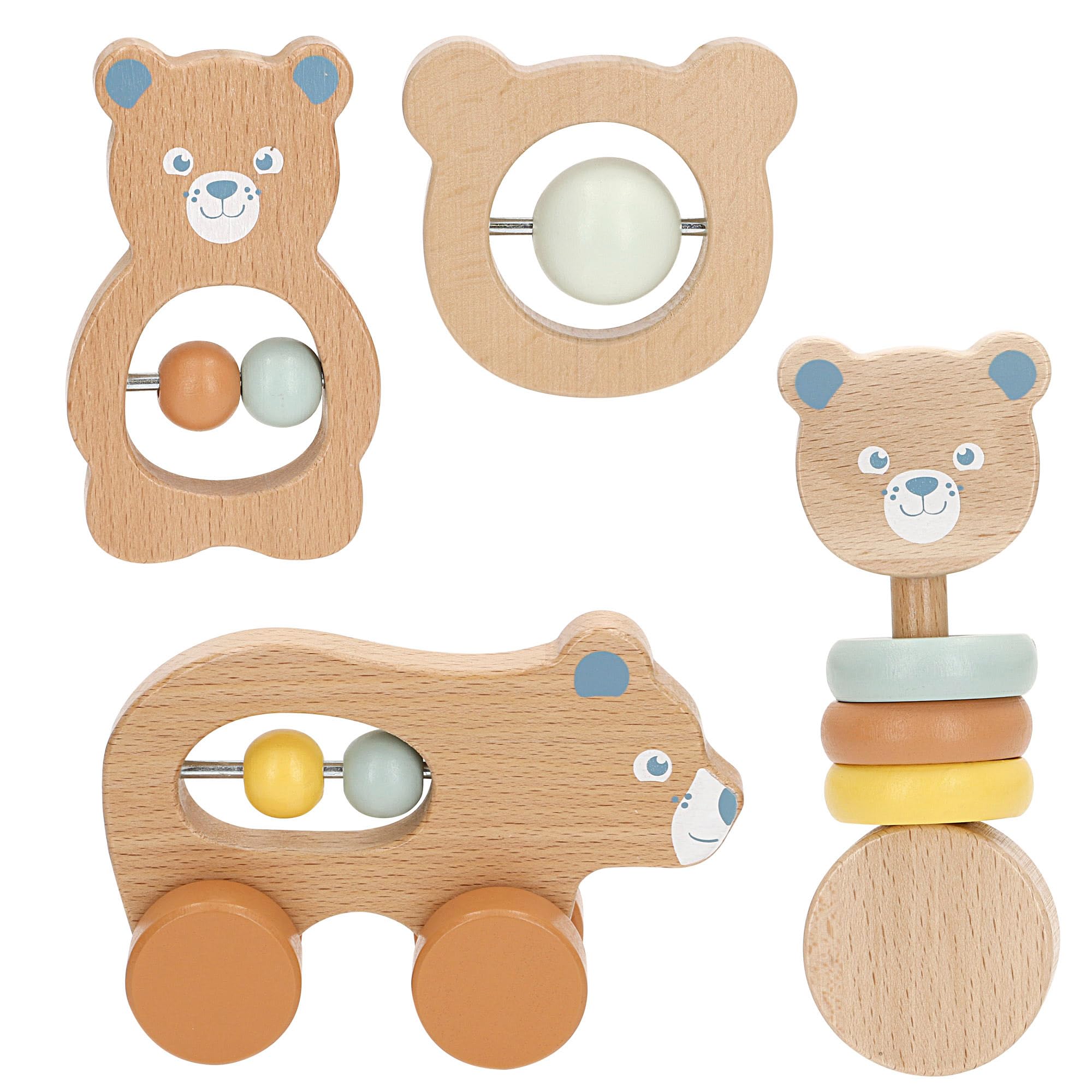 WOOMAX Set 4 sonajeros Madera bebé, Diseño de Oso, Cuentas móviles, Colores Pastel, Certificado FSC, Bordes Redondeados, Juego Educativo, Juguetes para recién Nacido, Juegos para bebés (39252)