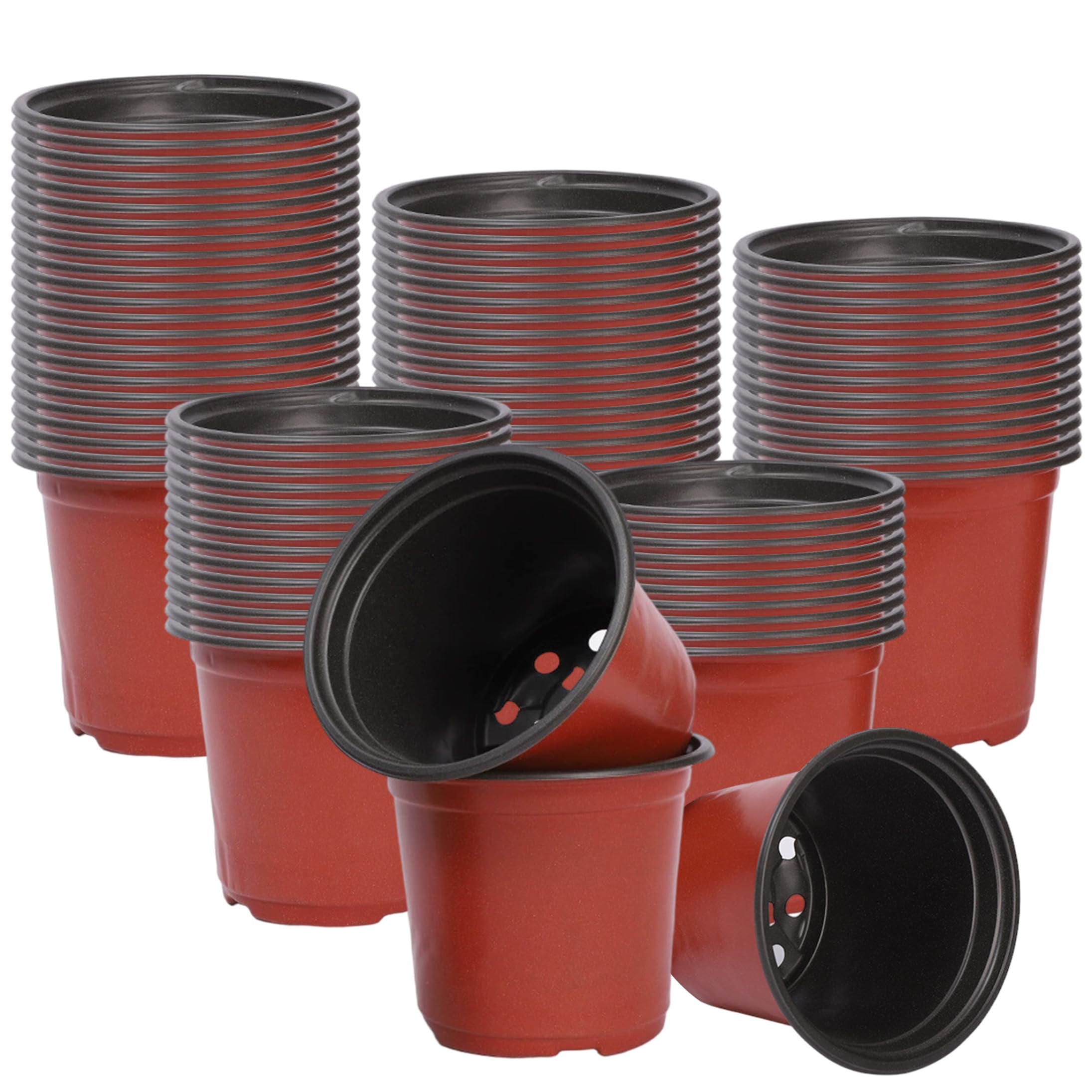 Yeaxxsqy 8 Inch Nursery Pots, 100 Packs Drainage, Red & Black 8 Inch Pots