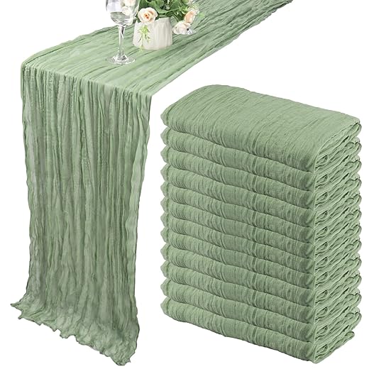 12 Pack 10Ft Cheesecloth Table Runner 35x120 Inch Boho Gauze Table Runner Cheese Cloth Long Romantic Table Runners for Wedding Bridal Shower Birthday Party Table Decor (Dusty Sage Green)
