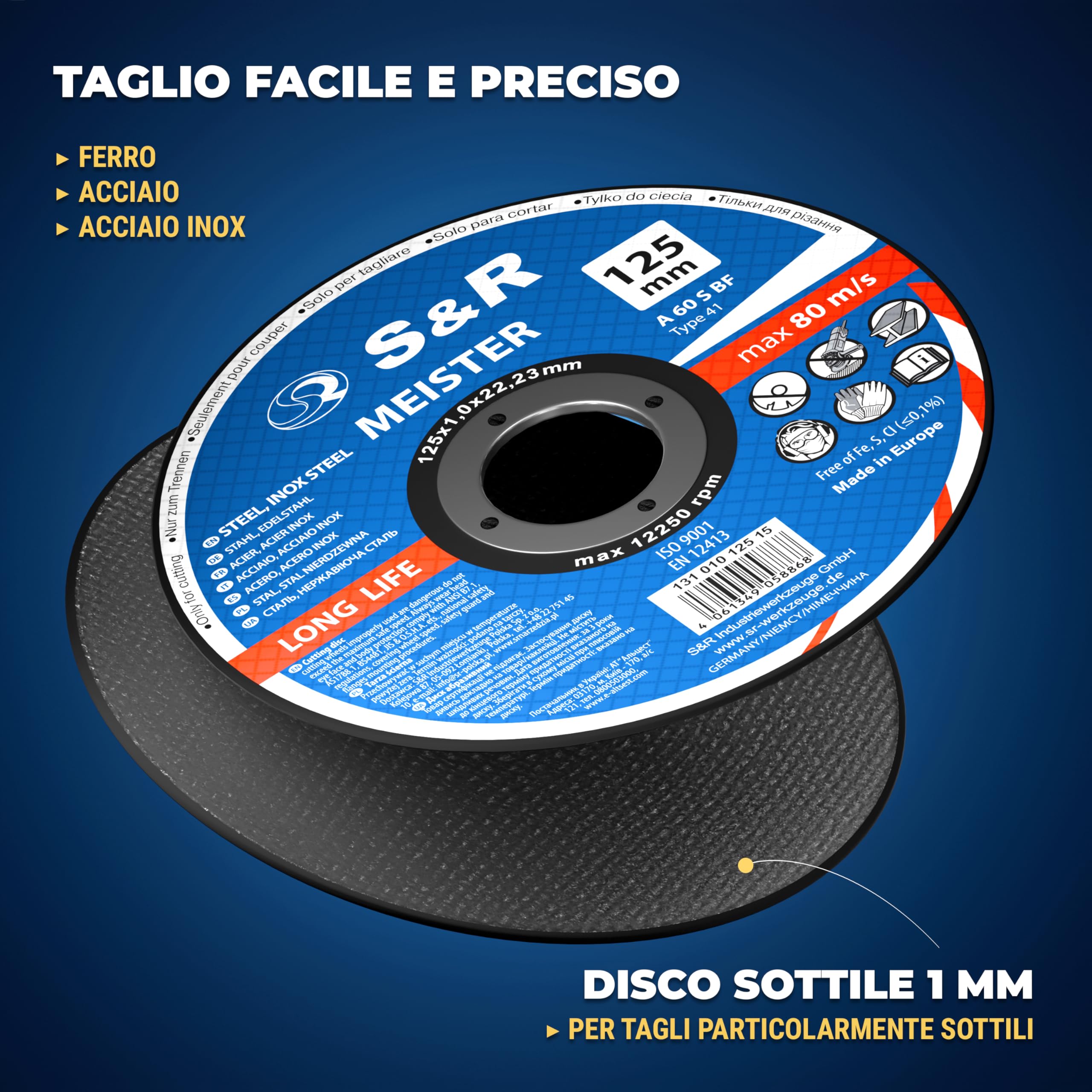 S&R Disco da Taglio Metallo 125 x 1 mm. Disco 125mm Smerigliatrice per taglio Ferro e Acciaio Inox - Disco per metallo ultra sottile 1 mm - 15pz