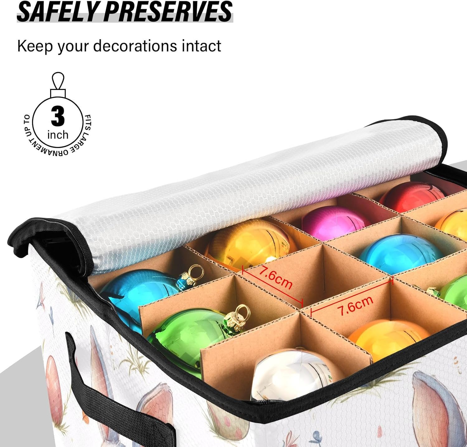 Christmas Ornament Storage Box with Zipper Closure, Stores Up to 64 Ornaments 3-Inch, 13x13 Inch Holiday Ornament Storage Container, Easter Bunny