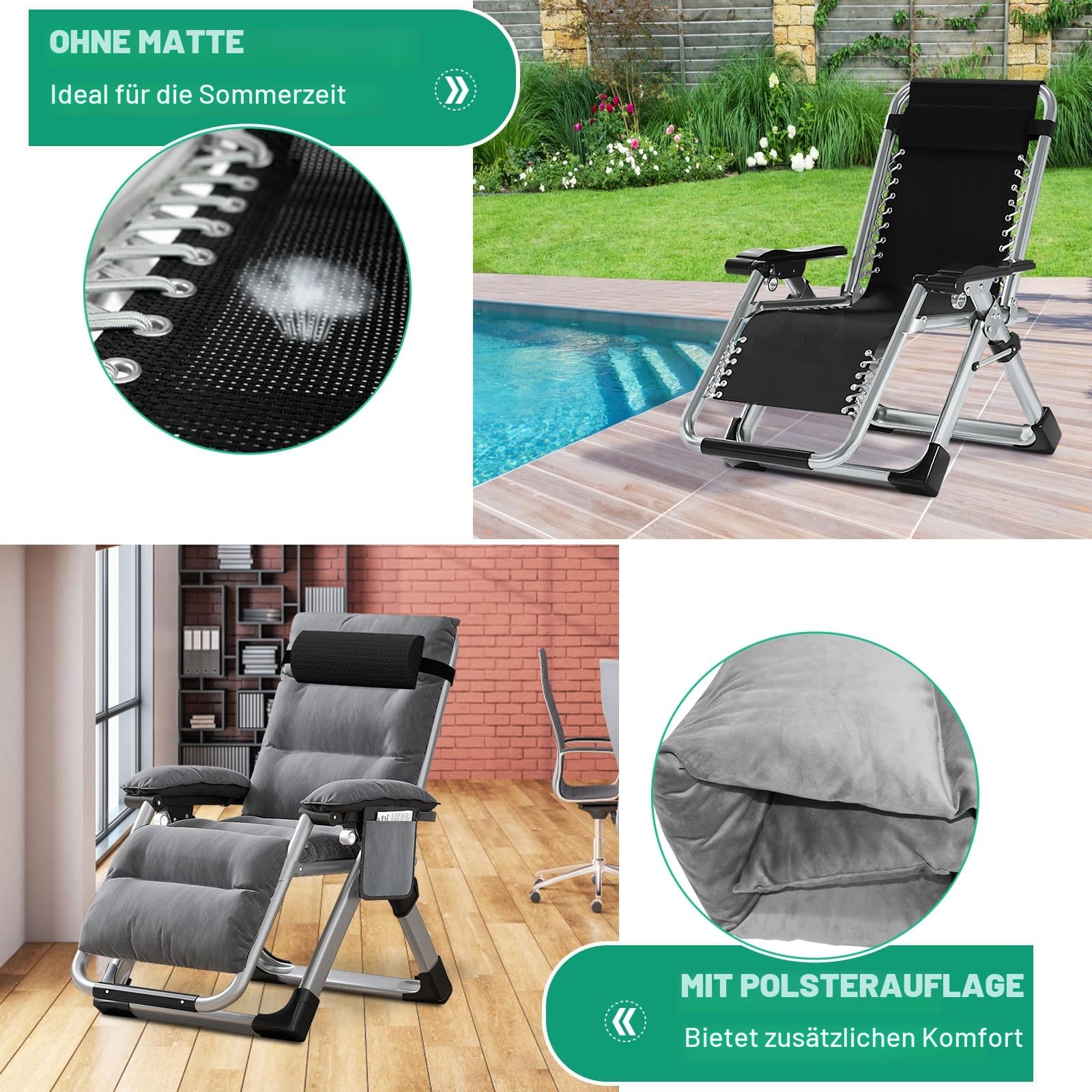 SUNYRISY Sonnenliege Liegestuhl Klappbar, 200KG Belastbar Zero Gravity Chair mit Kissen Unterstützung Getränkehalter, Extra Breit Verstellbare Gartenliege für Patio Garten Strand Pool