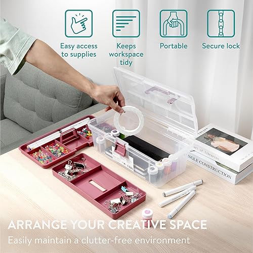 Miniatura 7 de Navaris Caja de herramientas de plástico rosa  38 cm (15")  Caja de almacenamiento de medicamentos con pestillo de bloqueo  Caja organizadora de