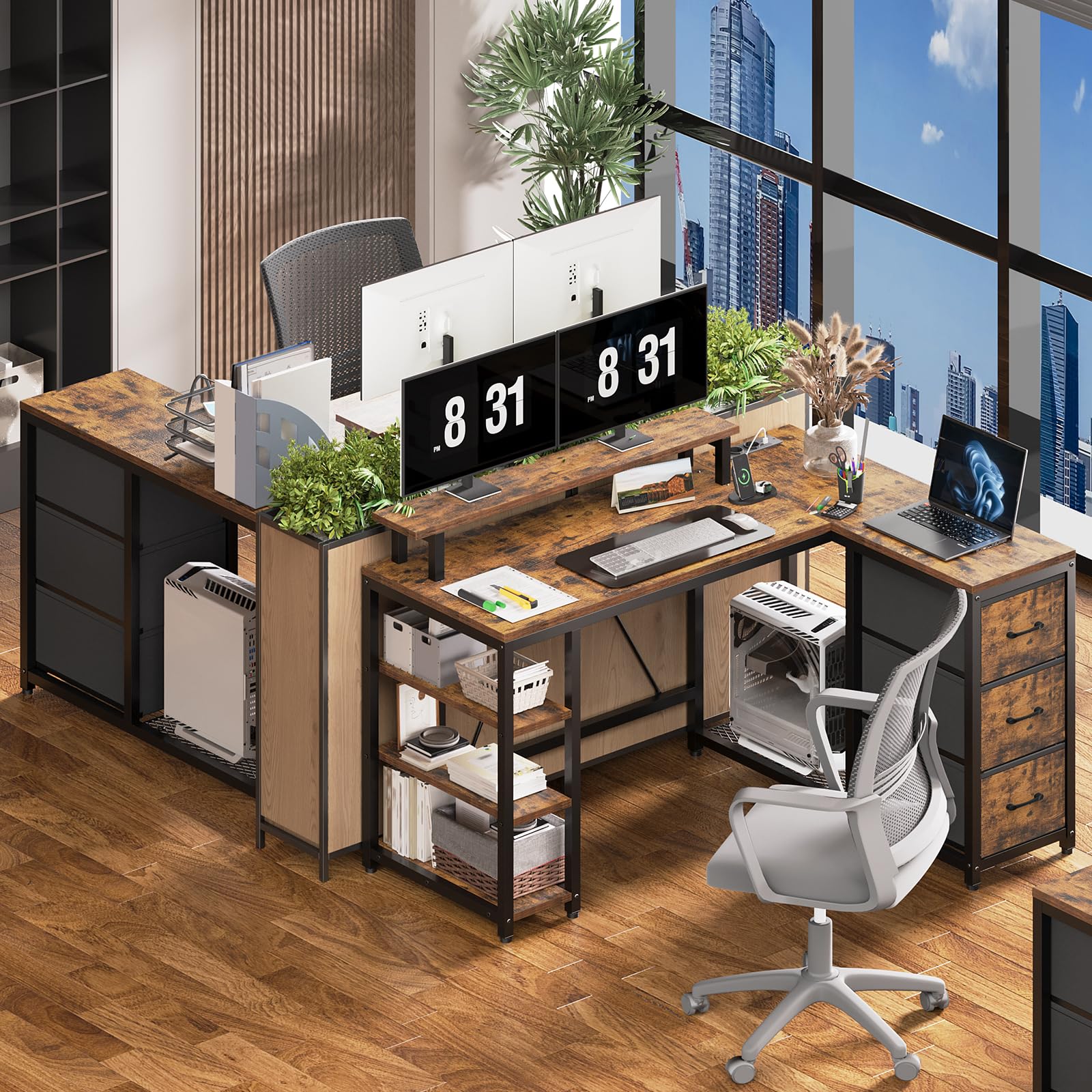 RALGEND L-förmiger Eckschreibtisch mit Steckdosen, Schreibtisch mit 3 Schubladen und Monitorständer, Computertisch mit Regal, 120 cm Gaming-Tisch für Büro, Home Office, Vintagebraun und Schwarz