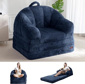 MAXYOYO Folding Sofa Comfortable Faux Fur Fabric Convertible Floor Sofa with Handle Bean Bag for Adults Sleeping Chair with Sleep Function for Living Room and Bedroom
