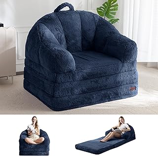 MAXYOYO Folding Sofa Bed, 2 in 1 Convertible Sofa to Lounger Comfy Single Bean Bag Chair for Adults, Floor Sleeper Couch with Handle, Faux Fur Couch Bed for Living Room Bedroom, Navy