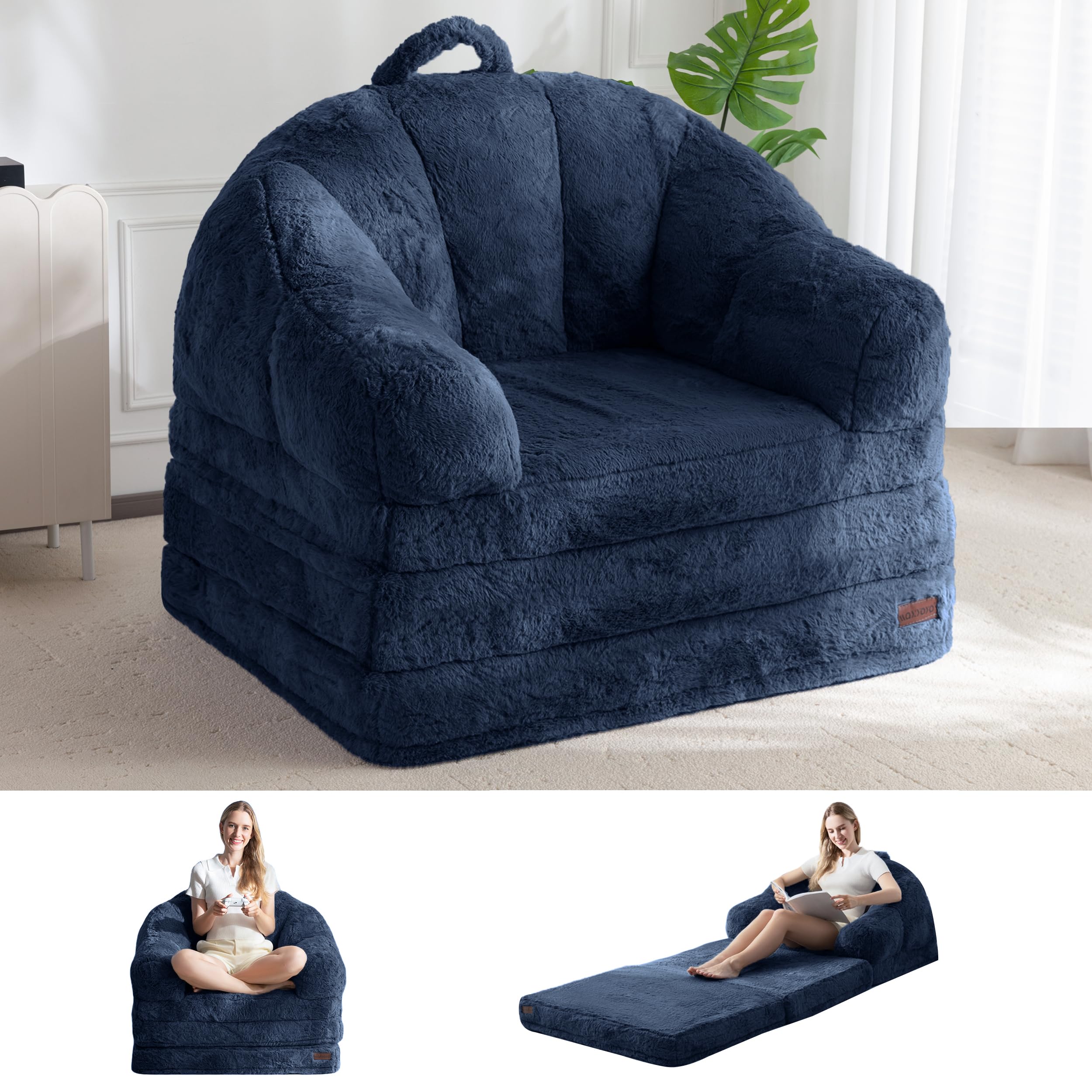 MAXYOYO Folding Sofa Bed, Comfy Faux Fur Fabric, Convertible Floor Sofa Lounge with Handle, Single Bean Bag Chair for Adults, Sleeper Chair for Living Room Bedroom â image 1