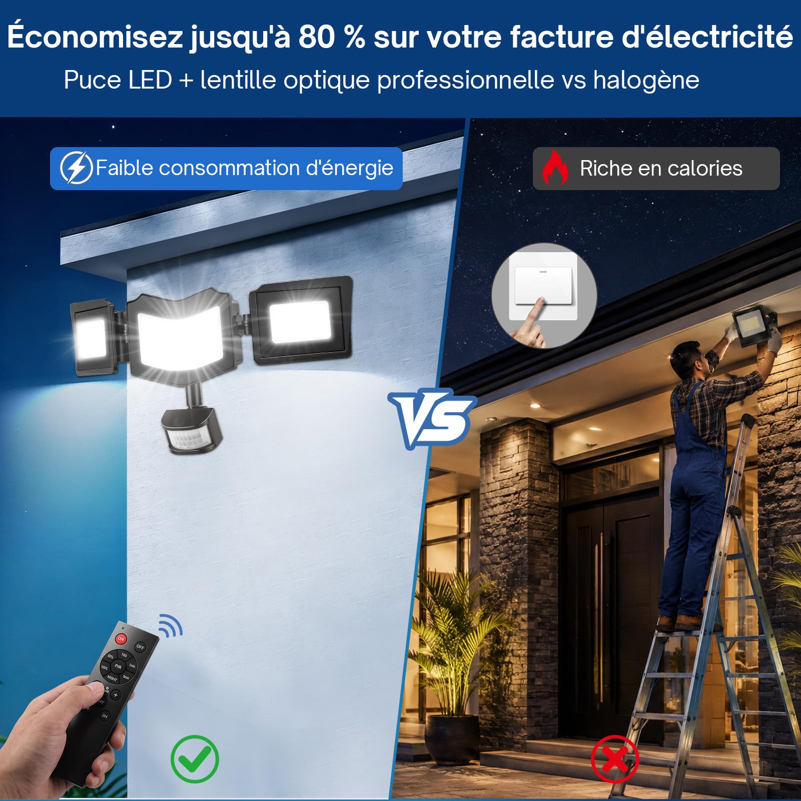 Projecteur LED avec détecteur de mouvement extérieur 100 W, 3 têtes