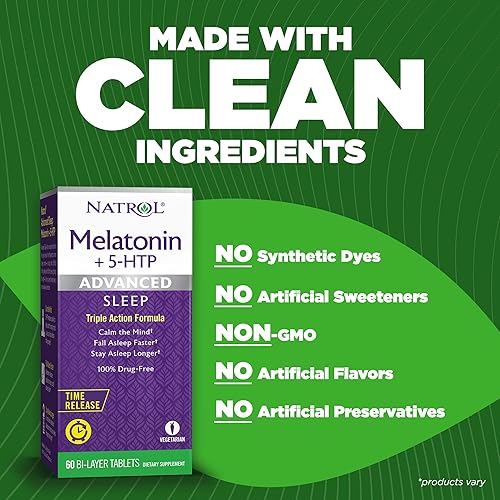 Miniatura 4 de Natrol Melatonina  5 HTP Advanced Sleep Time Release Bi-Layer Tablets fórmula de triple acción calma la mente te ayuda a conciliar el sueño más