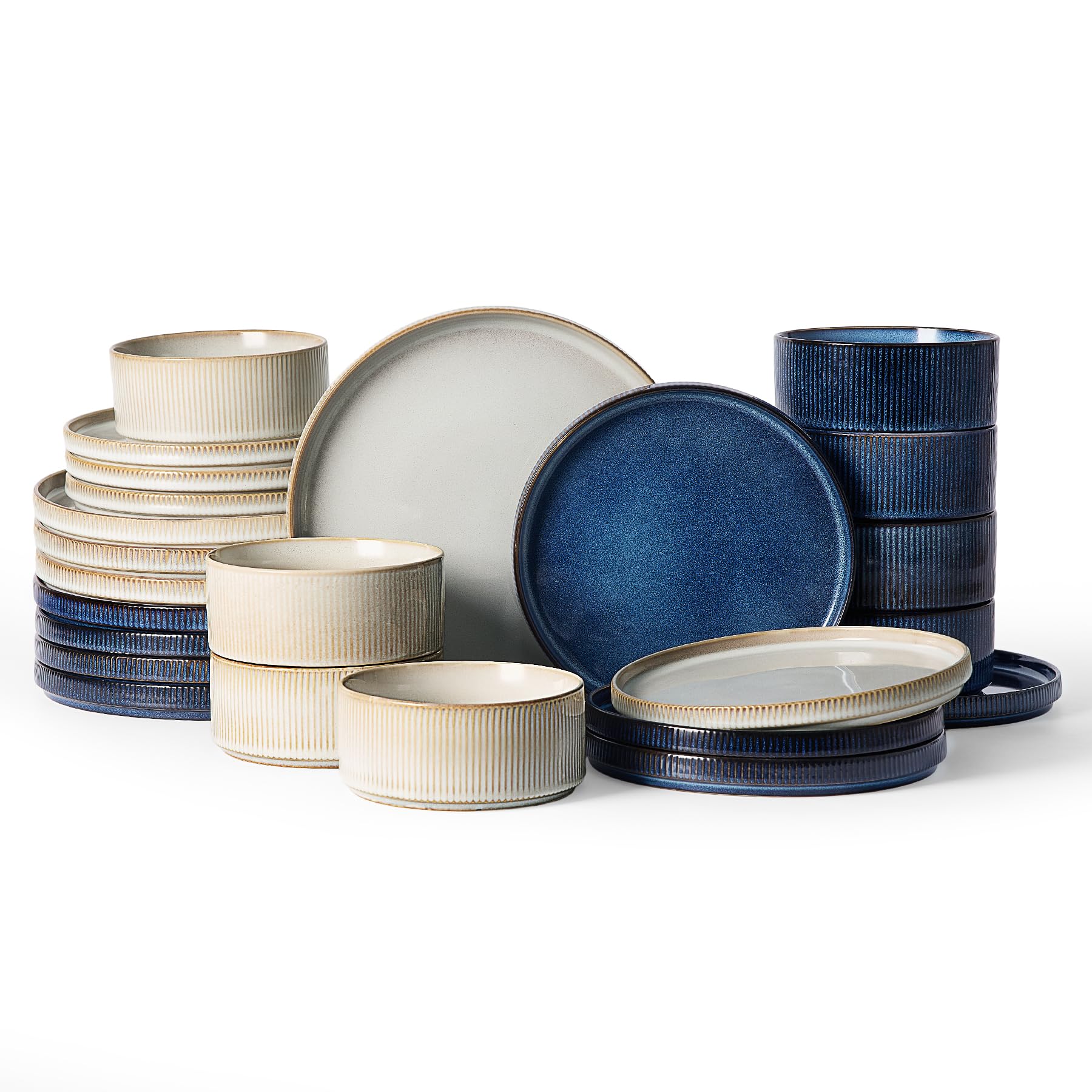Famiware Star Dinnerware Set, Plates and Bowls Sets for 8 (24pcs), Ribbed Stoneware Dishes - Chip &amp; Scratch Resistant, Microwave &amp; Dishwasher Safe, Multicolor - Cappuccino White &amp; Nebulas Blue