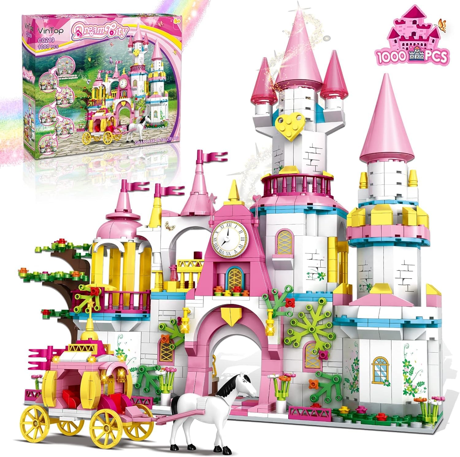 Castillo de Construcción 1000 PCS Rosa STEM Princesa Carruaje Creativo Juguetes para Niños 6-12 Años