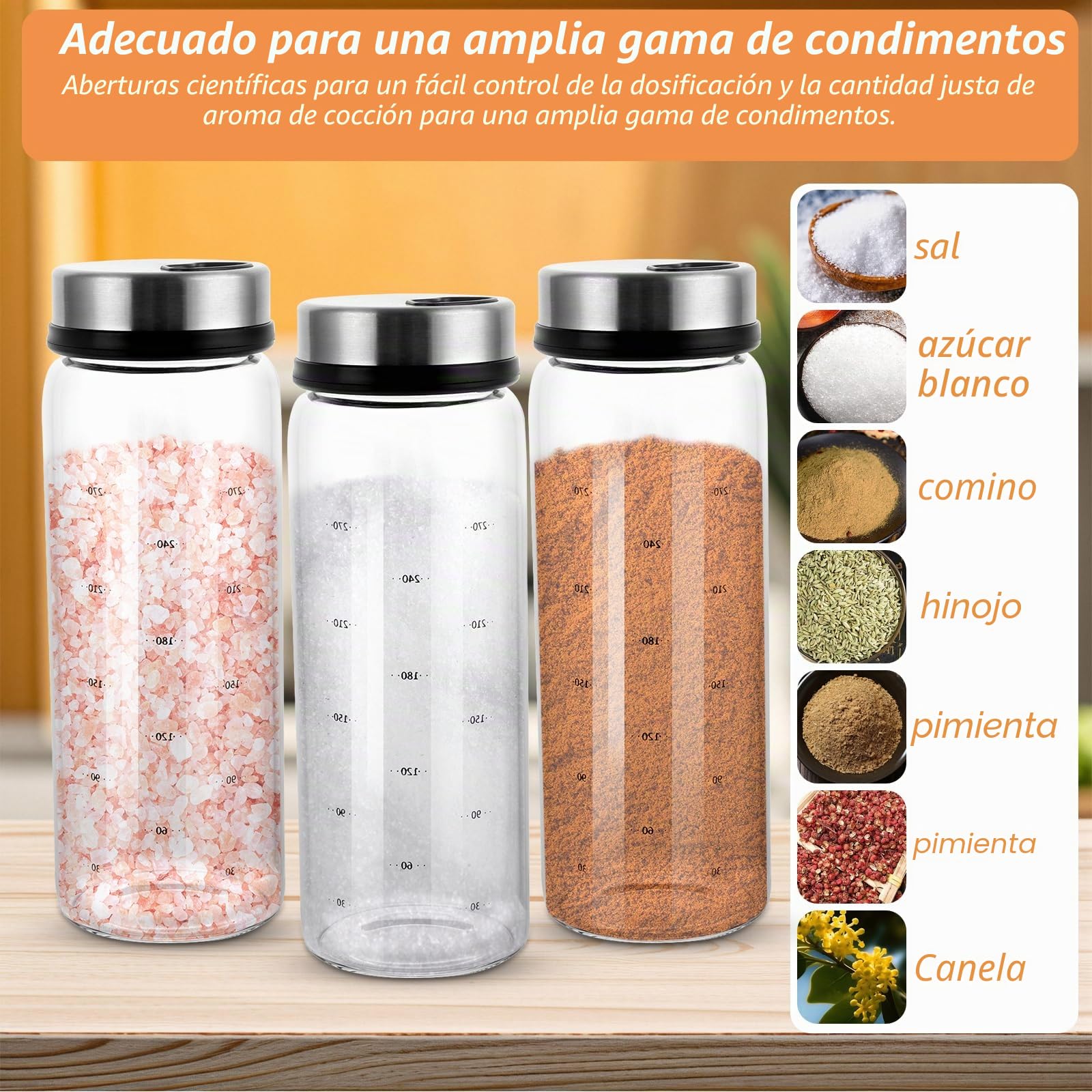 AKOLAFE 4 Piezas Tarros Especias Vidrio Borosilicato 300 ml, Botes con Tapa Giratoria y 4 Tipos de Agujeros para Cocina Barbacoa Salero Pimentero Uso Diario
