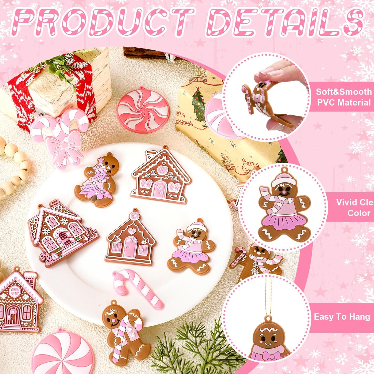 30 Pcs Pink Christmas Gingerbread Hanging Ornaments Pastel Gingerbread Ornaments Candy and House Soft PVC Christmas Tree Wall Hanging Decoration for Xmas Party Office Home Decor Winter - Image 3