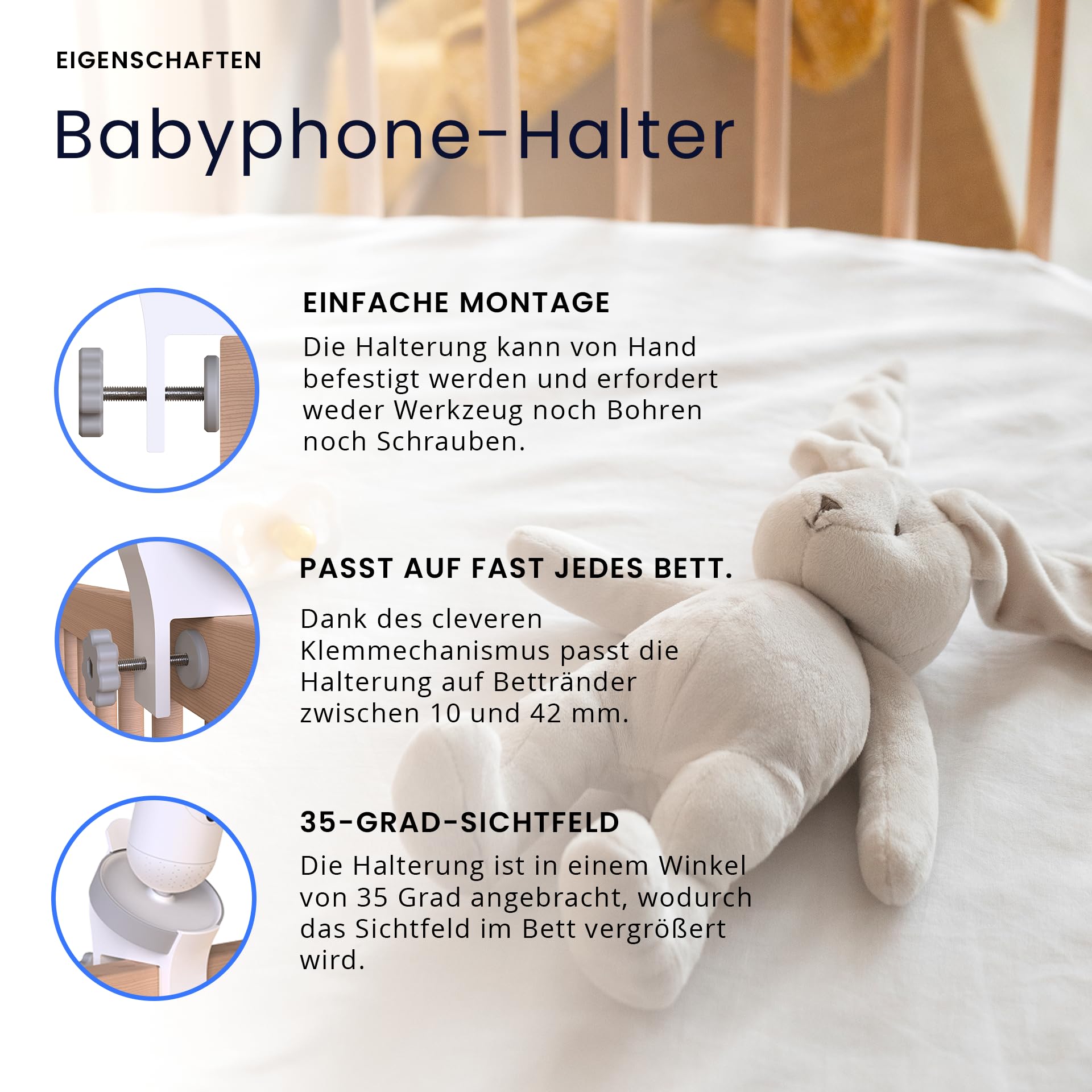Babyphonehalterung für Philips Avent Connected SCD923, Klemmbefestigung | Babyphone Halterung, Für Bettumrandung von 10 bis 42 mm, - u.a. für Ikea Sniglar