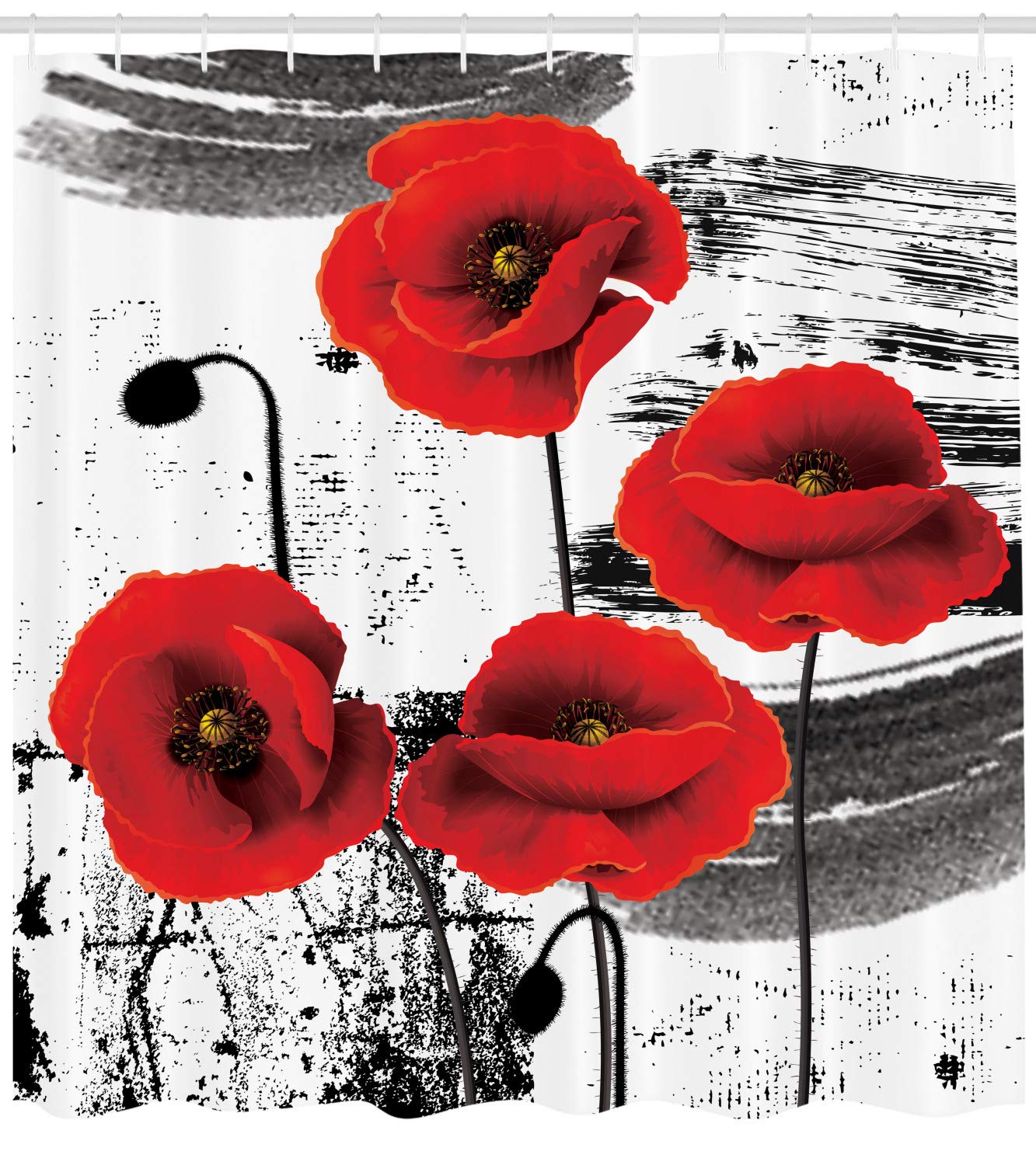 ABAKUHAUS Poppy Shower Curtain, Composition of Blossoming Flowers with Grunge Brush Background - Image 2