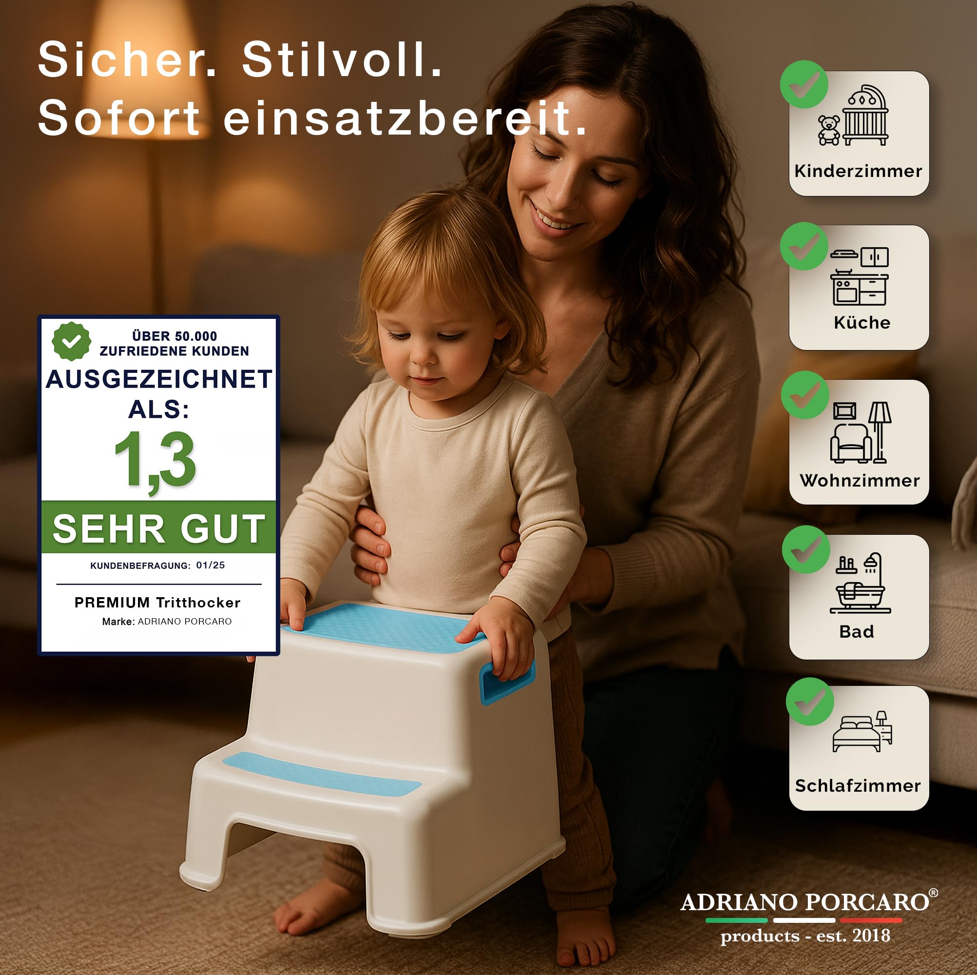 I Tritthocker Kinder I 2-Stufig Hocker I 26cm Hoch I Belastbarkeit 80kg I Gummierte Trittfläche I Hocker Kinder Bad mit Tragegriffe I Für Erwachsene, Senioren I Blau