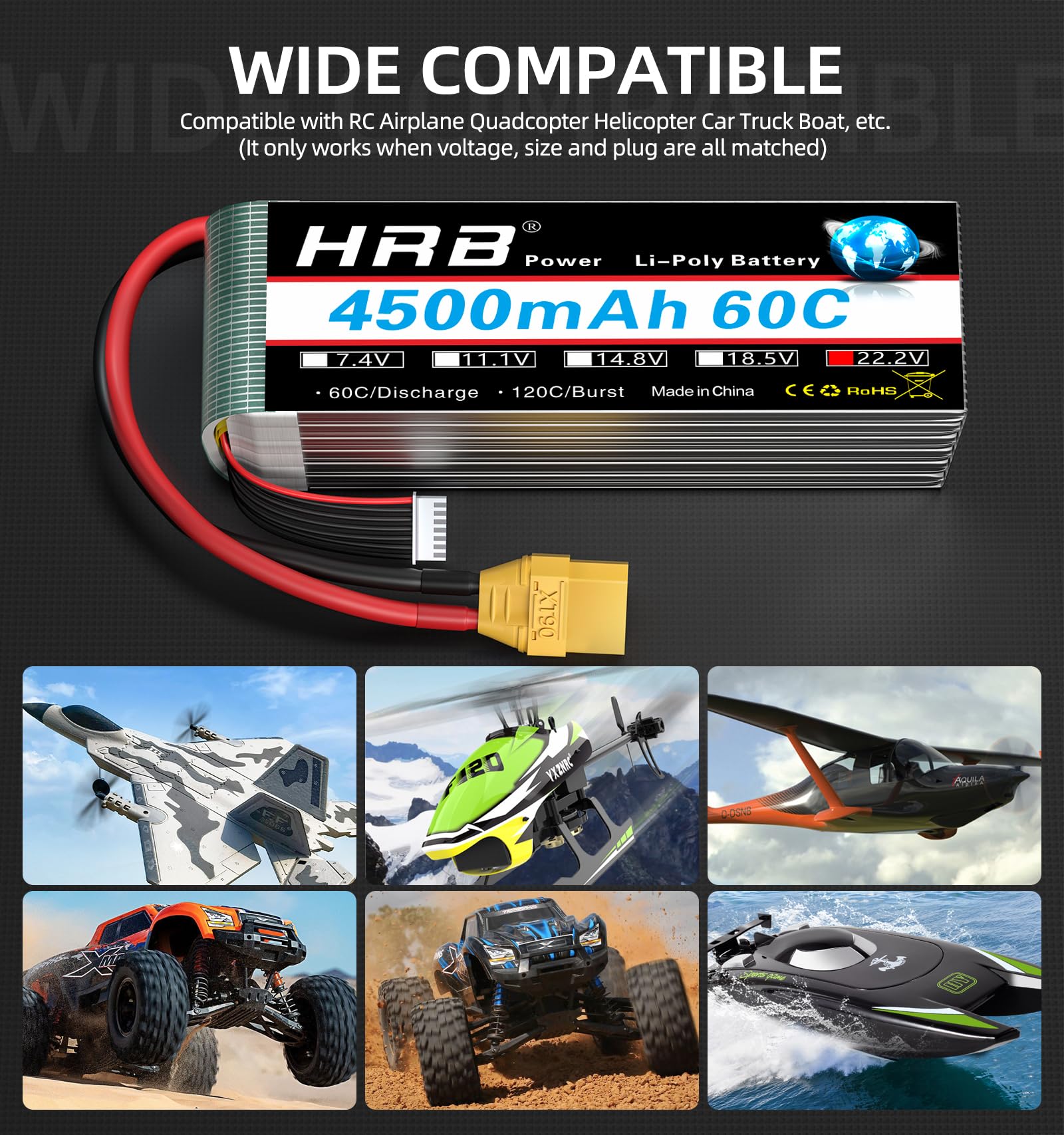 HRB 22,2 V 4500 mAh 60C z wtyczką XT90 Lipo akumulator do samolotu RC samochód ciężarowy, ciężarówka hobbistyczna (2 sztuki)