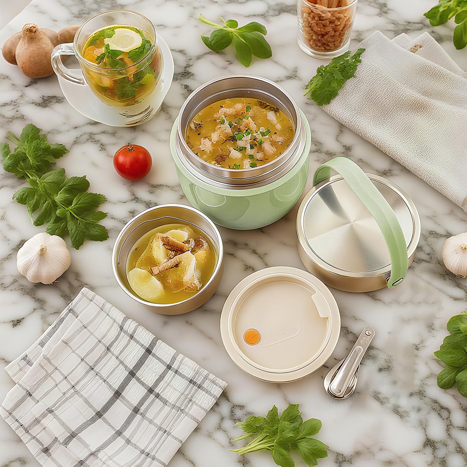 Recipiente térmico para alimentos, 1200 ml, cuenco térmico con tapa, Termo para Comida de acero inoxidable con cuchara plegable, Adecuado para almacenar harina, sopa, almuerzo, queso (Verde)