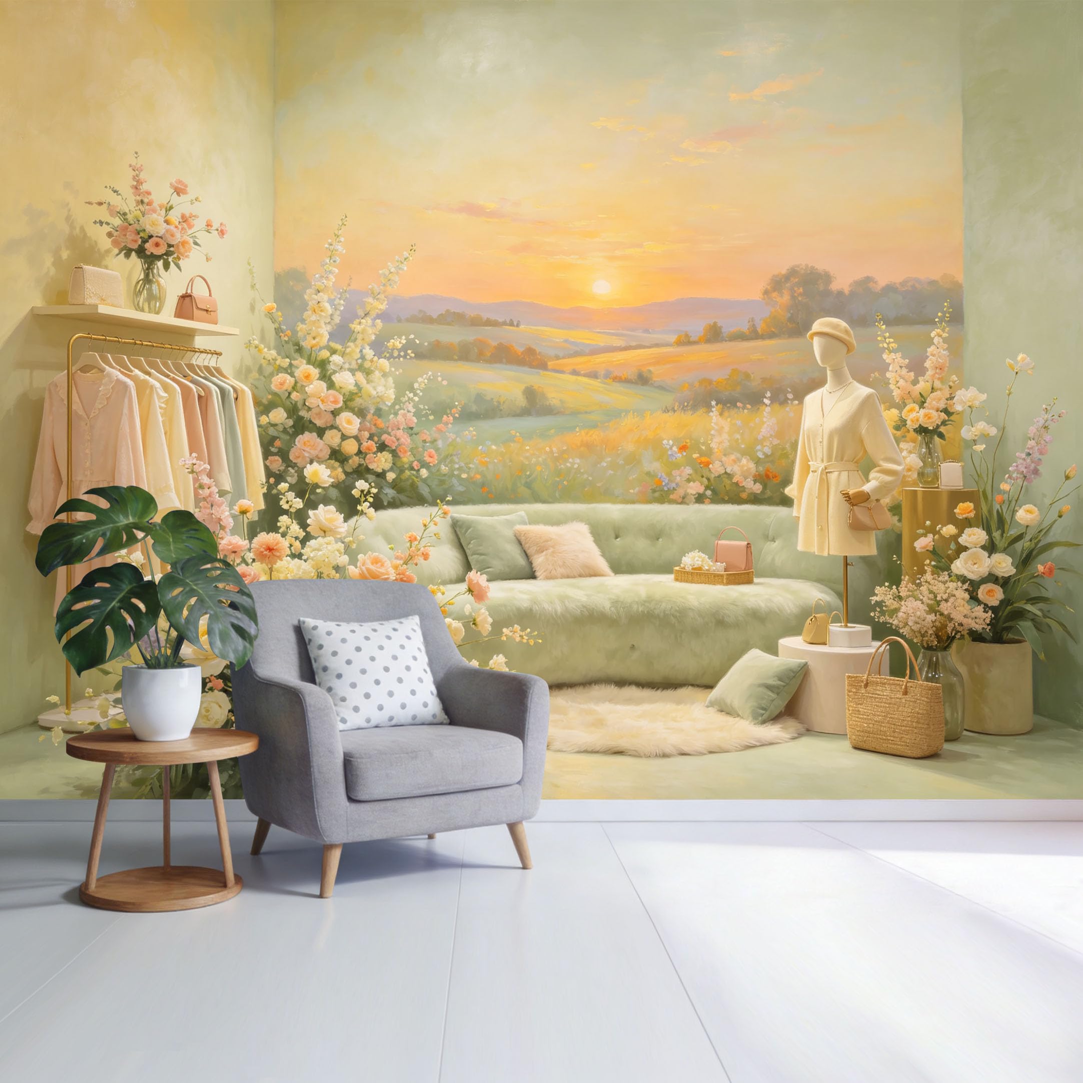 Custom Size Wall Mural Pastel Sunrise Landscape Floral Botanical Oil Painting Style SelfAdhesive Wall Fabric Removable Wallpaper for Home Office Decor