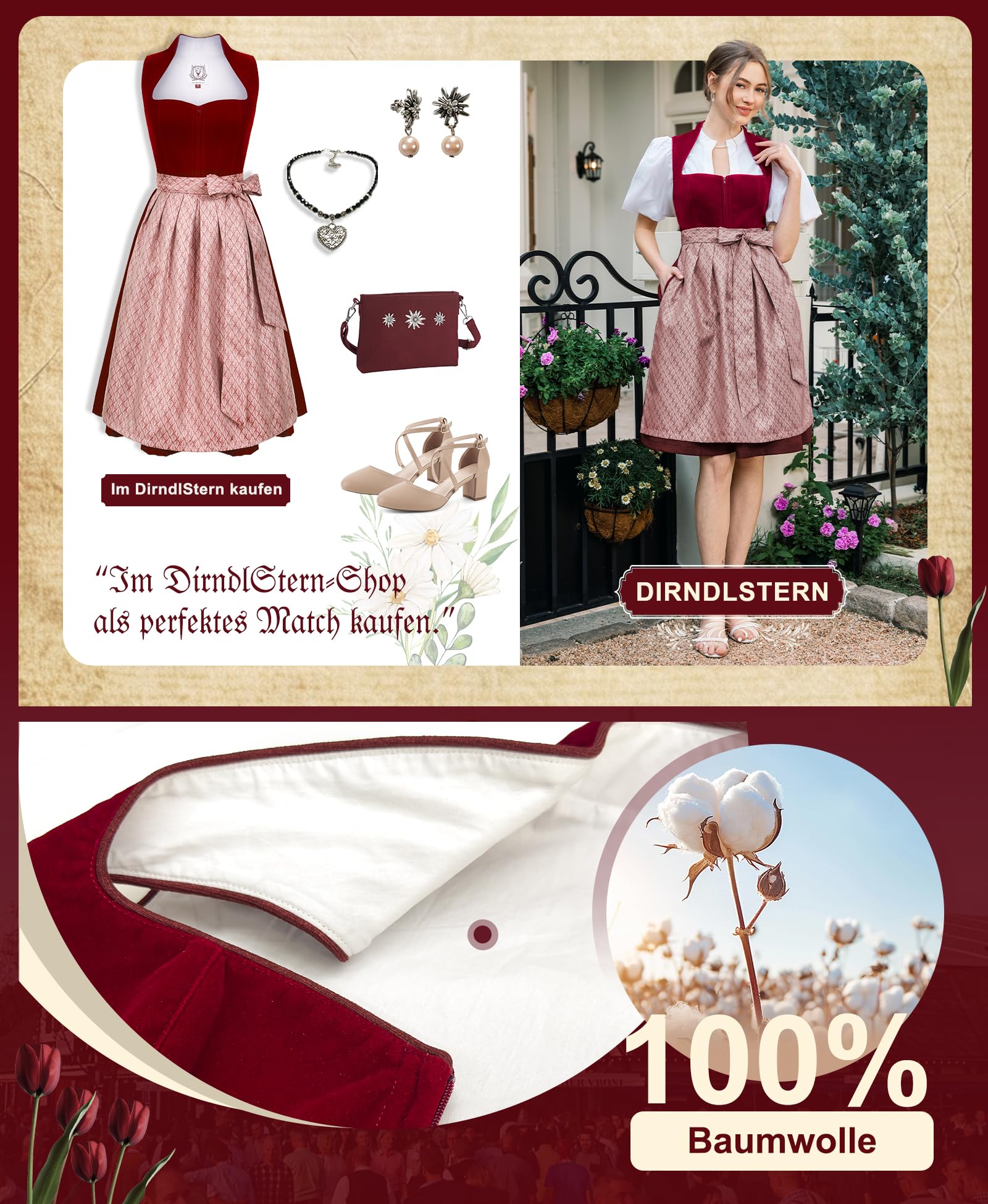 DIRNDLSTERN Damen Midi Rot - Elegantes Trachtenkleid Samt Plissee Schürze Perfekt für Oktoberfest