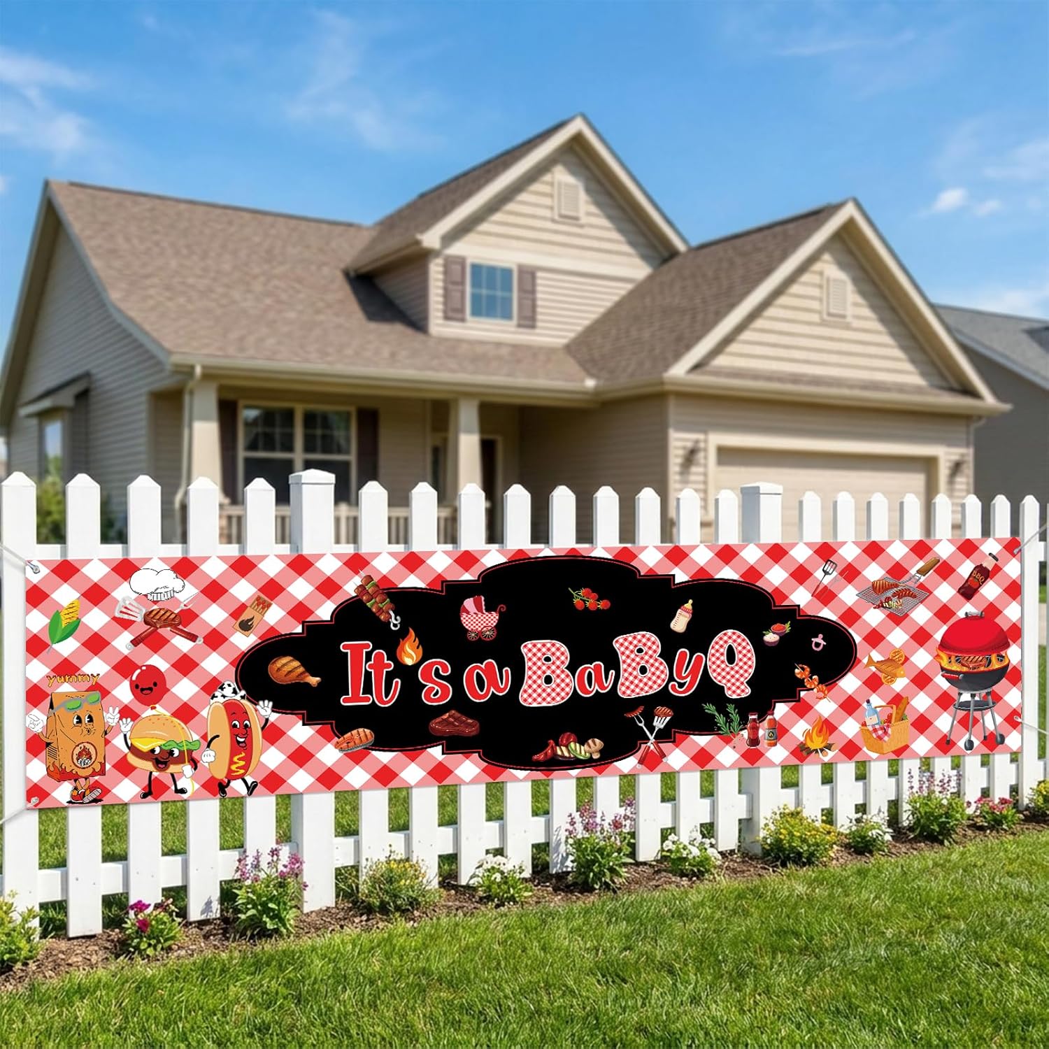 BBQ Baby Shower Decorations, It's A Baby Q Patio Banner Flag for Party Decorations, Red Gingham Banner Backdrop Baby Shower Picnic Barbecue Yard Outdoor Garden Porch Party Supplies