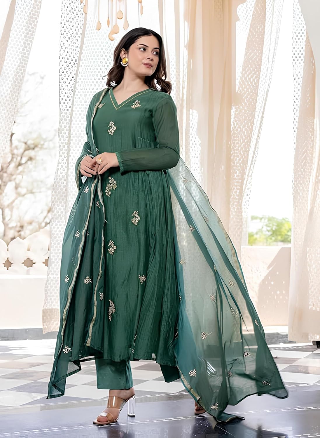 Women Embroidery Solid Anarkali Kurta and Pant Set with Dupatta - Indian Ethnic Traditional Wear Anarkali Kurta Set