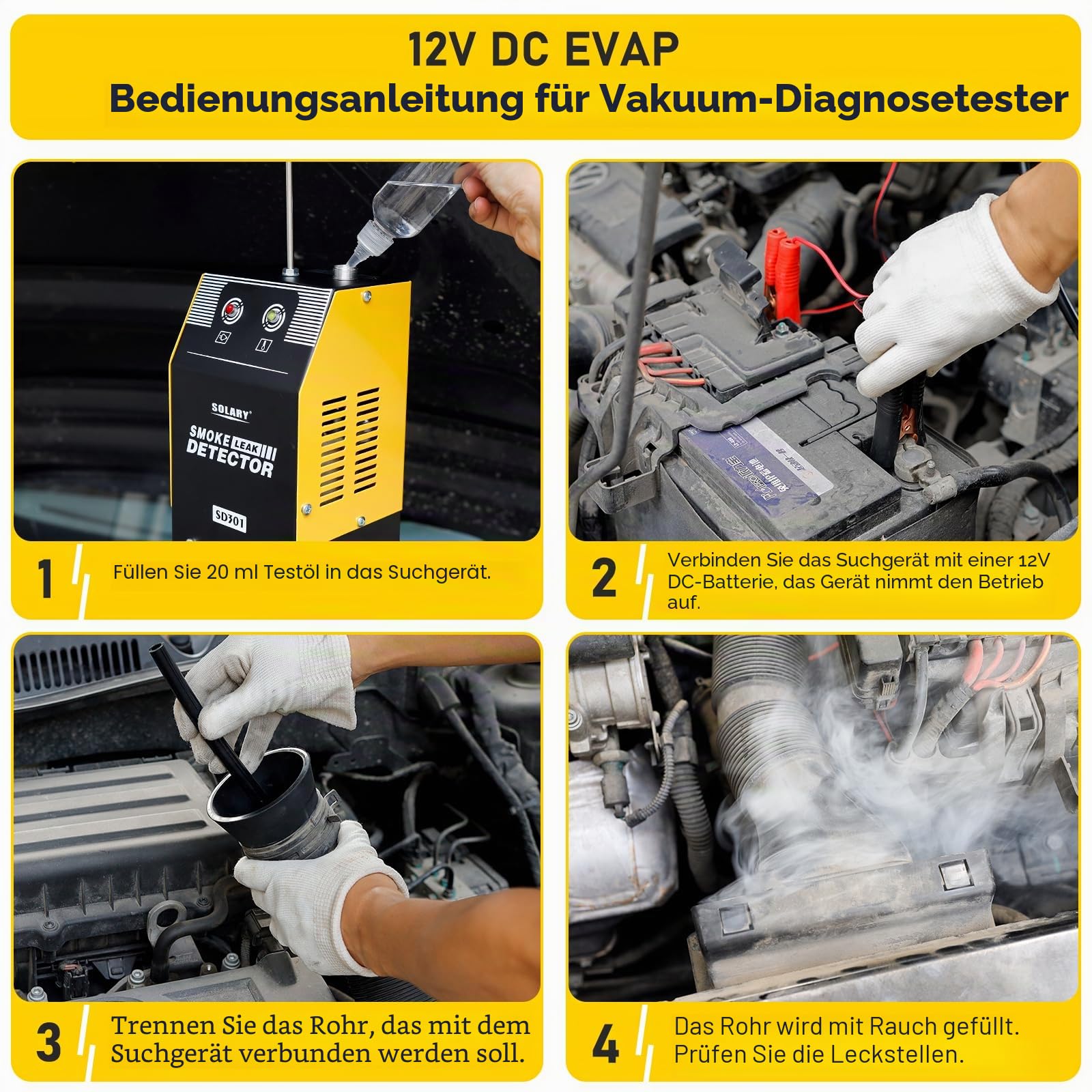 SOLARY EVAP Rauchmaschine - Prüfgerät für kraftstoffsystem - 12V - Gelb - professionelles Diagnosetool