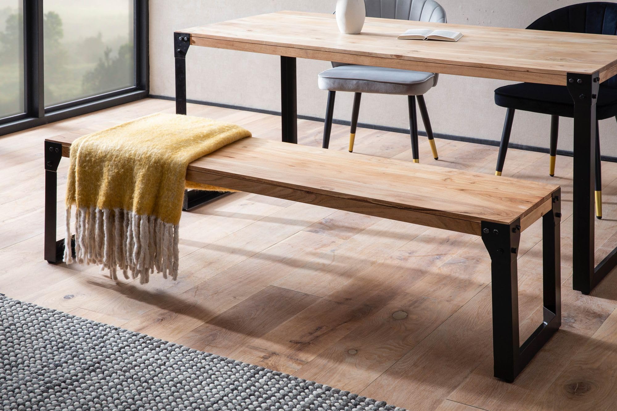 FineBuy Esszimmerbank 140 cm Akazie Massivholz Metall Industrial, Esstischbank Holzbank Massiv ohne Lehne, Küchenbank Essbank Modern, Sitzbank Esszimmer Braun