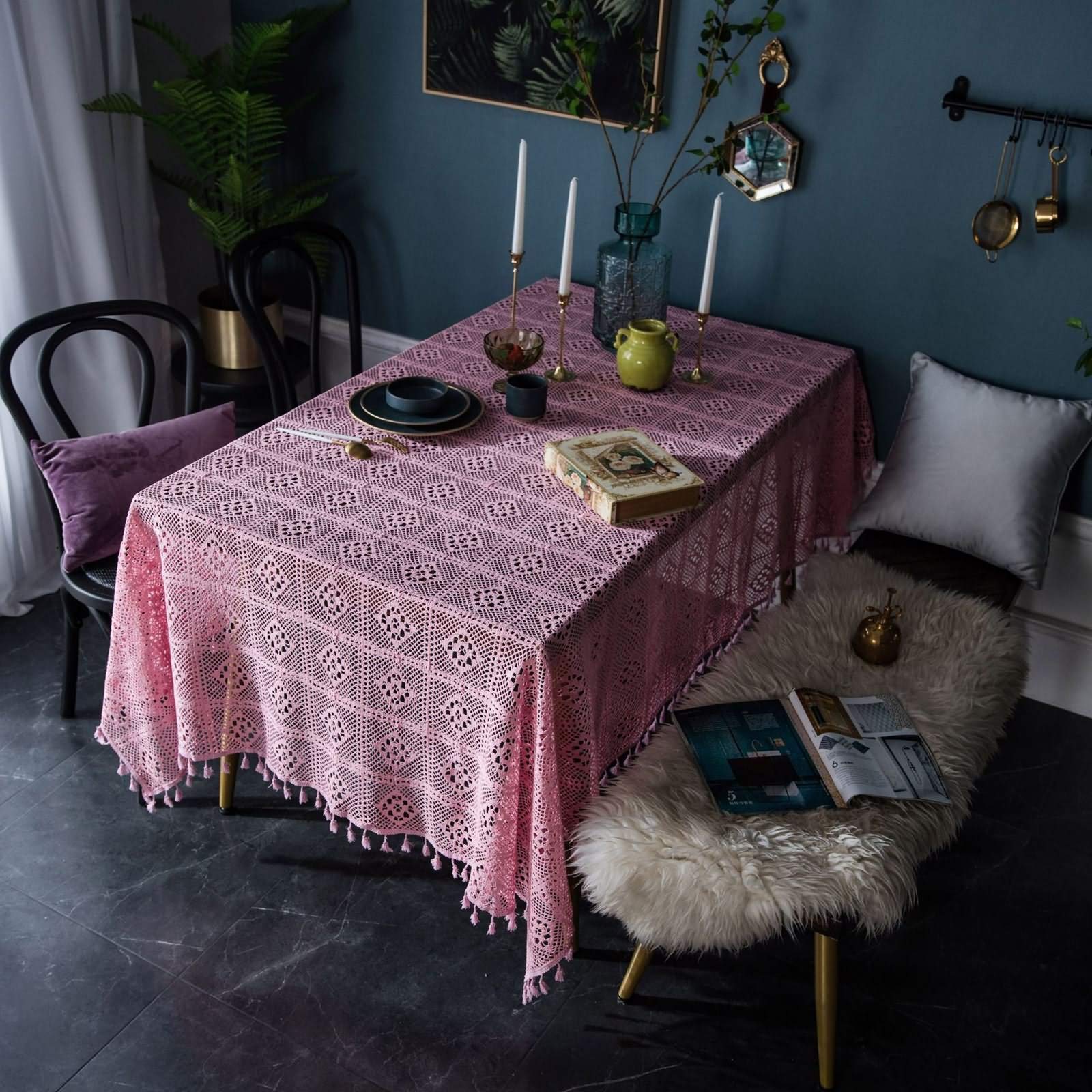 Nappe Table 140x220 cm en Coton, Rose, Nappe Rectangulaire Motif Carreaux Ajouré Style Américain, Toile de Fond Décoration