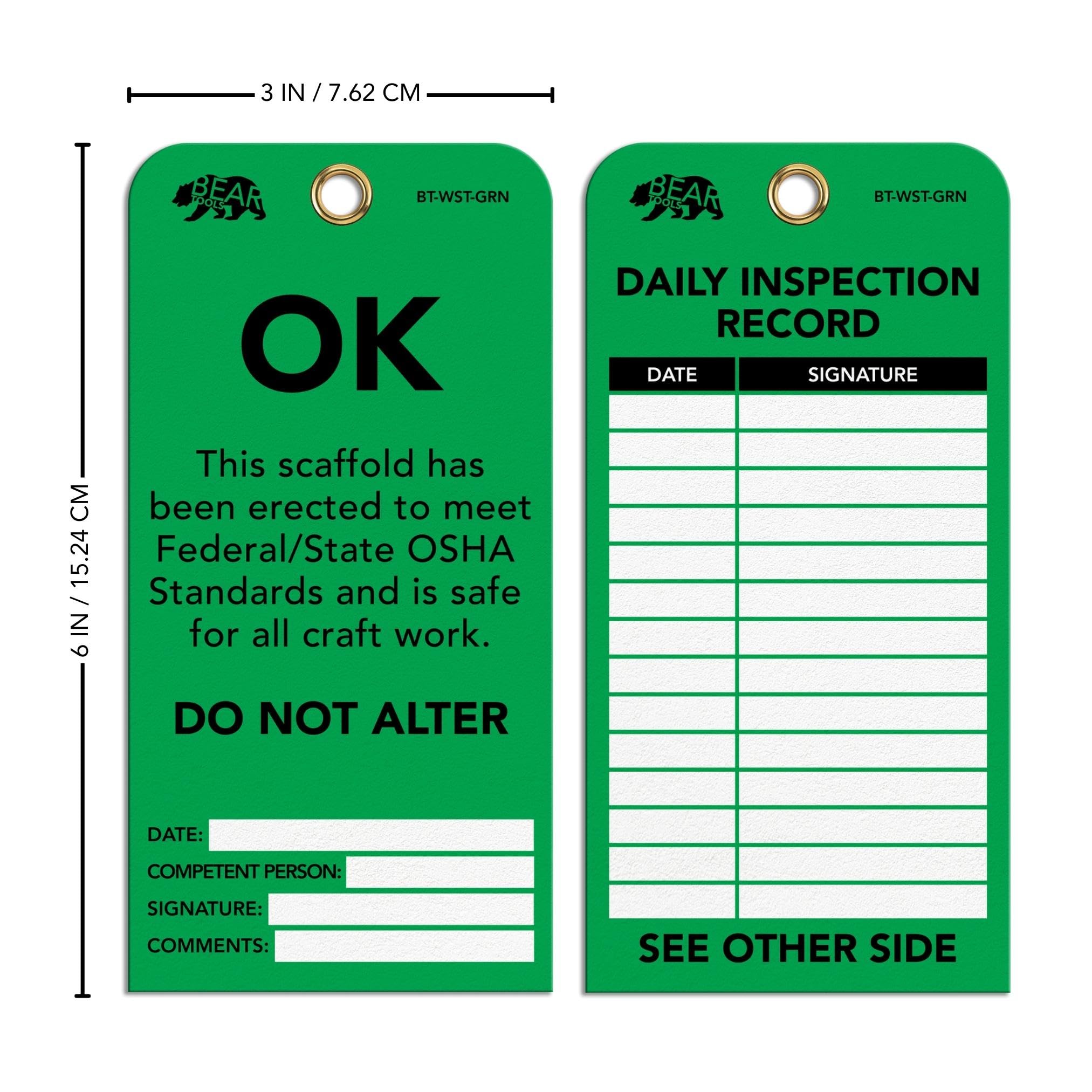 BearTOOLS Scaffold Tags - Safety Inspection Kit with Cable Ties - OK Scaffold Status Warning Sign - Laminated 3 x 6 in, Pack of 25 - Weatherproof, Tear-Resistant - Green Tags — Amazon image 2