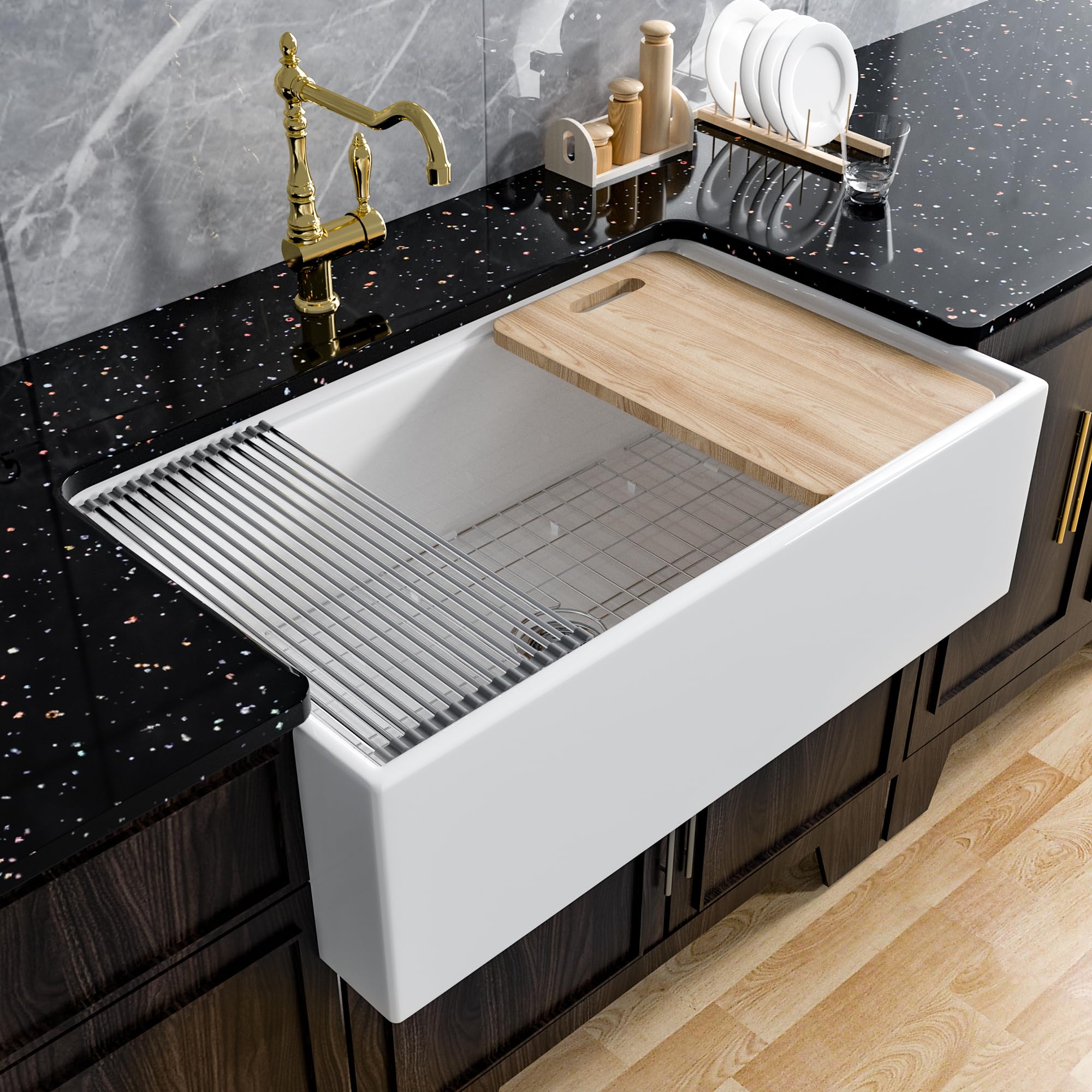 Buy Miuara Workstation Sink 33 Inch x 20 Inch White Farmhouse Sink Step