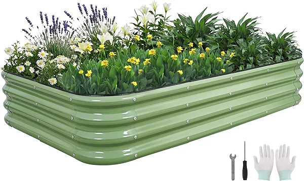 BIRDSINYARD 4 in 1Galvanized Raised Garden Bed - 5x3x1ft Modular Garden Planter Bed Outdoor | Steel Raised Bed Kit with Bracing Rods, Gloves for Gardening Vegetables Fruits and Flowers (Green)
