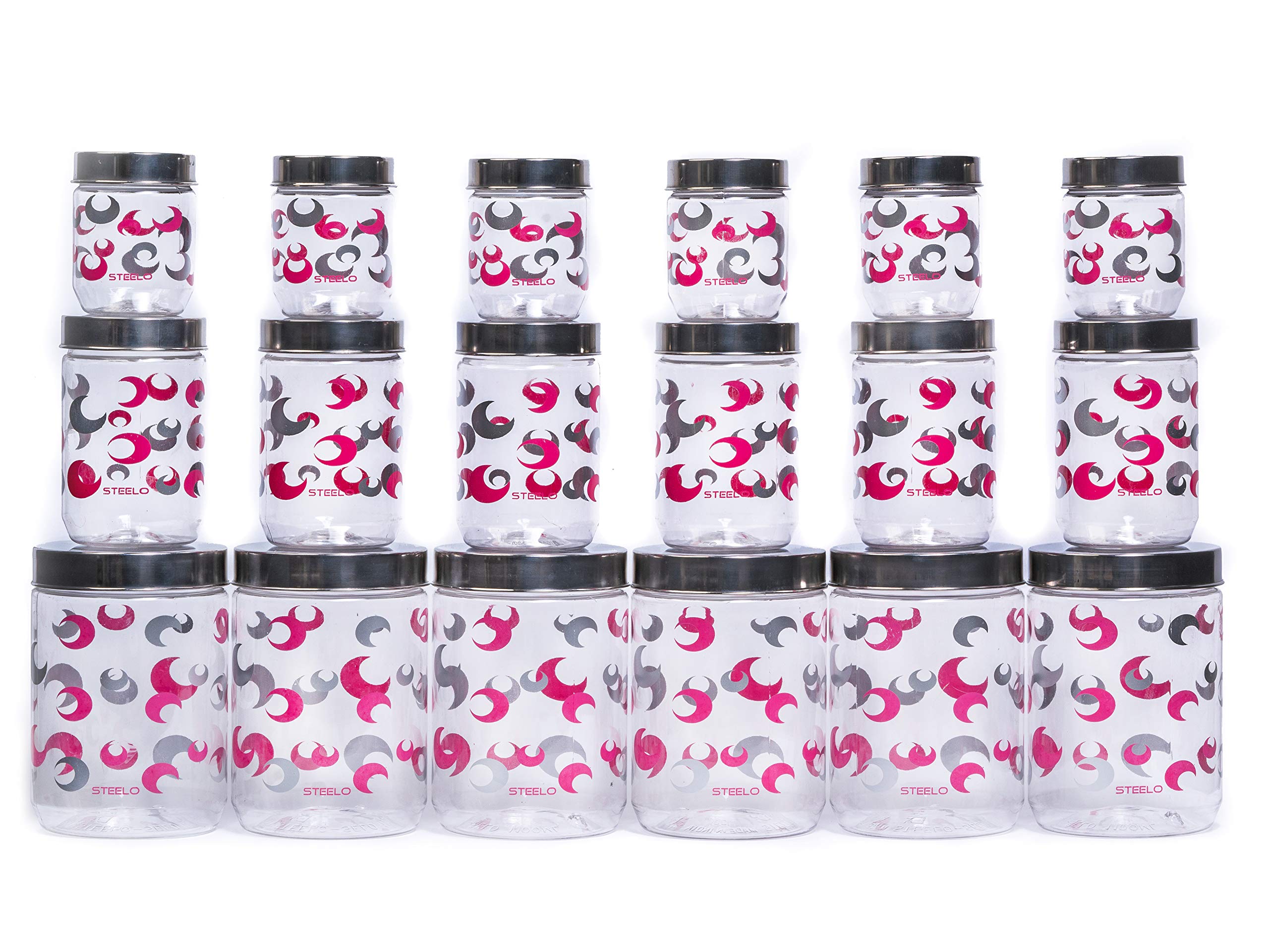 Steelo Selo 18 Pcs Storage Pet Container Gift Set For Kitchen (1100 ml x 6, 500 ml x 6, 200 ml x 6 ), Pink