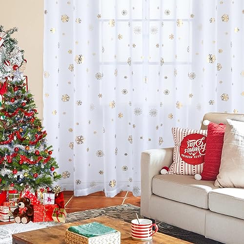 Miniatura 2 de Youleyar Cortinas traslúcidas de Navidad con copo de nieve cortinas traslúcidas de gasa con estampado de papel de aluminio dorado par de tratamiento