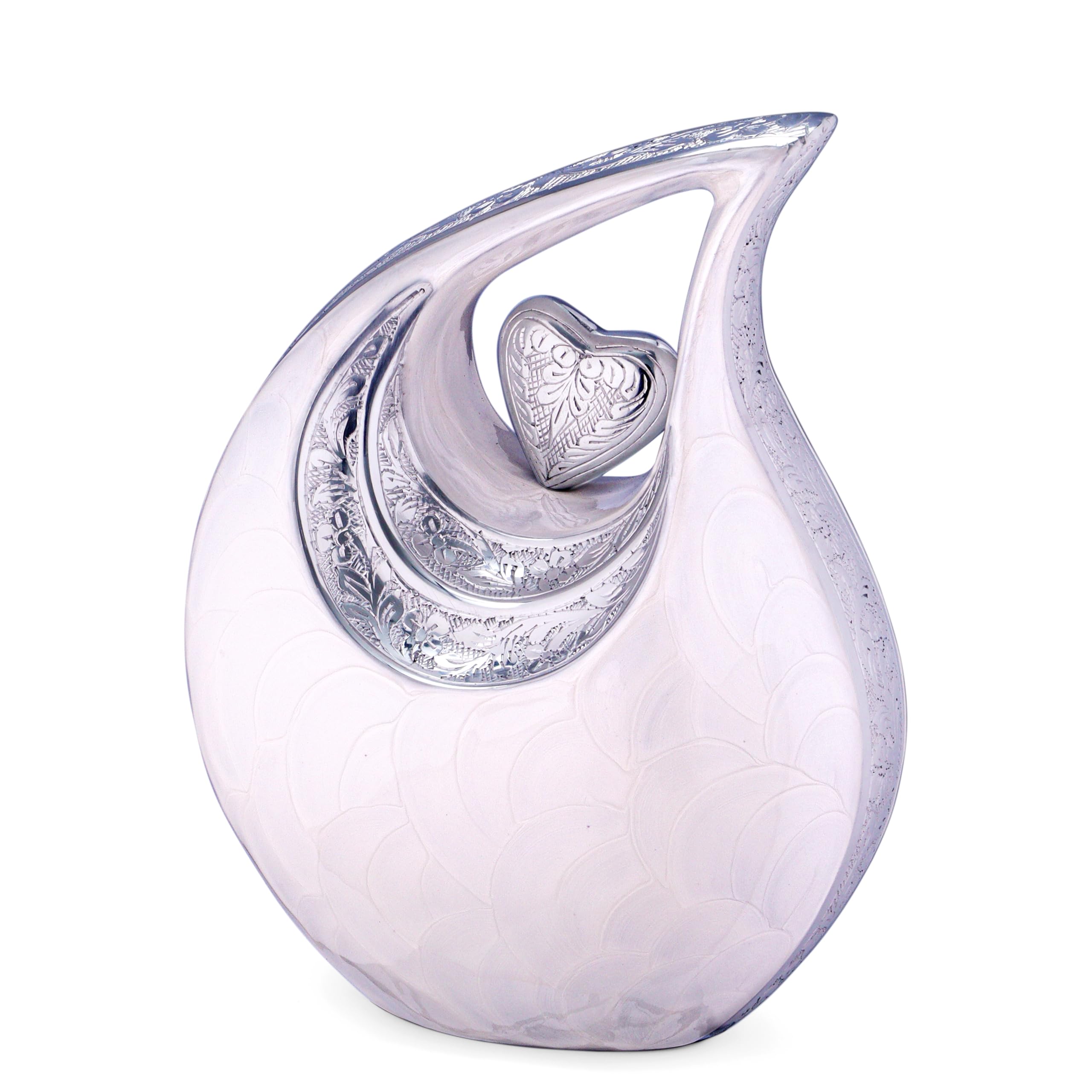 Grande urne en Forme de Larme Blanche avec cœur en Argent pour Cendres humaines – Urnes pour Hommes et Femmes Adultes – Urne en Forme de cœur, 2,5 LTR, Blanche avec cœur en Argent