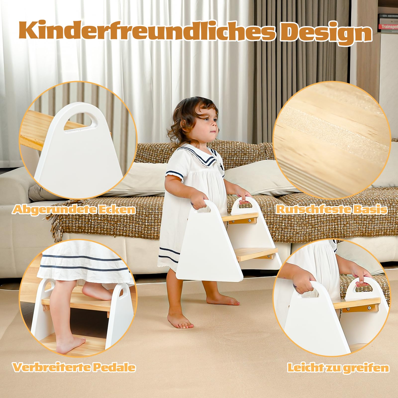 2-stufiger Tritthocker für Kinder aus Naturmaterial, Hocker & Trittstuhl Trittpult, Kindertreppe für Badezimmer Küche Schlafzimmer, Abgerundete Kanten rutschfest Kindgerecht(Weiß) - 5