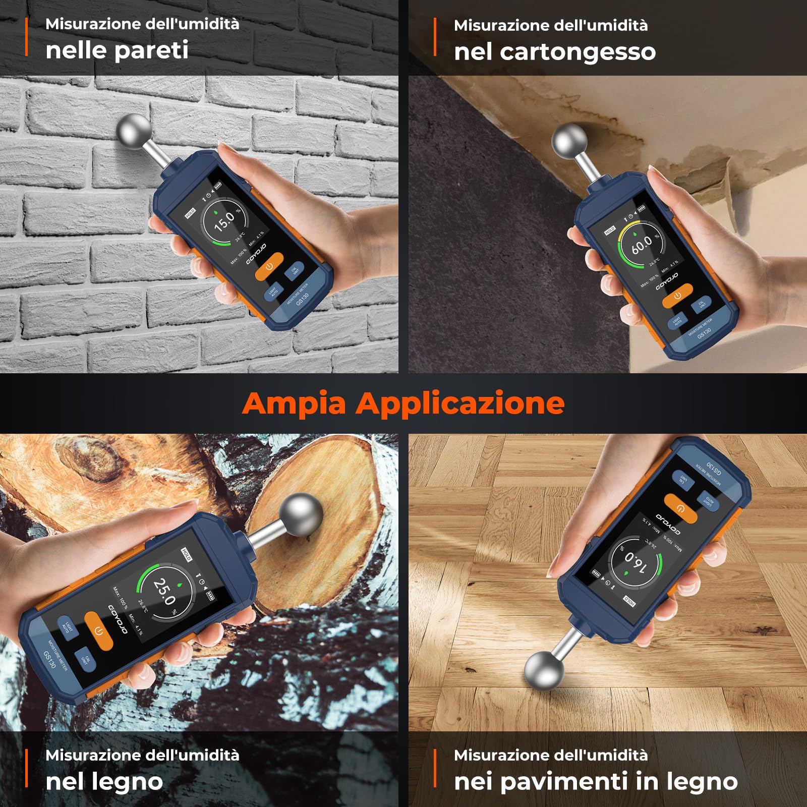 GOYOJO Misuratore di Umidità Ricaricabile da Parete, Misuratore di Umidità con Sensore a Sfera da 5-40 mm, Scansioni non Distruttive per Legno/Pareti/Cantieri