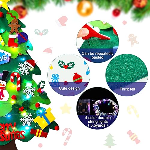 Miniatura 3 de Sumind 41 piezas de árbol de Navidad de fieltro para pared de niños de 3.3 pies, árbol de Navidad de fieltro con luces, adornos de Navidad de