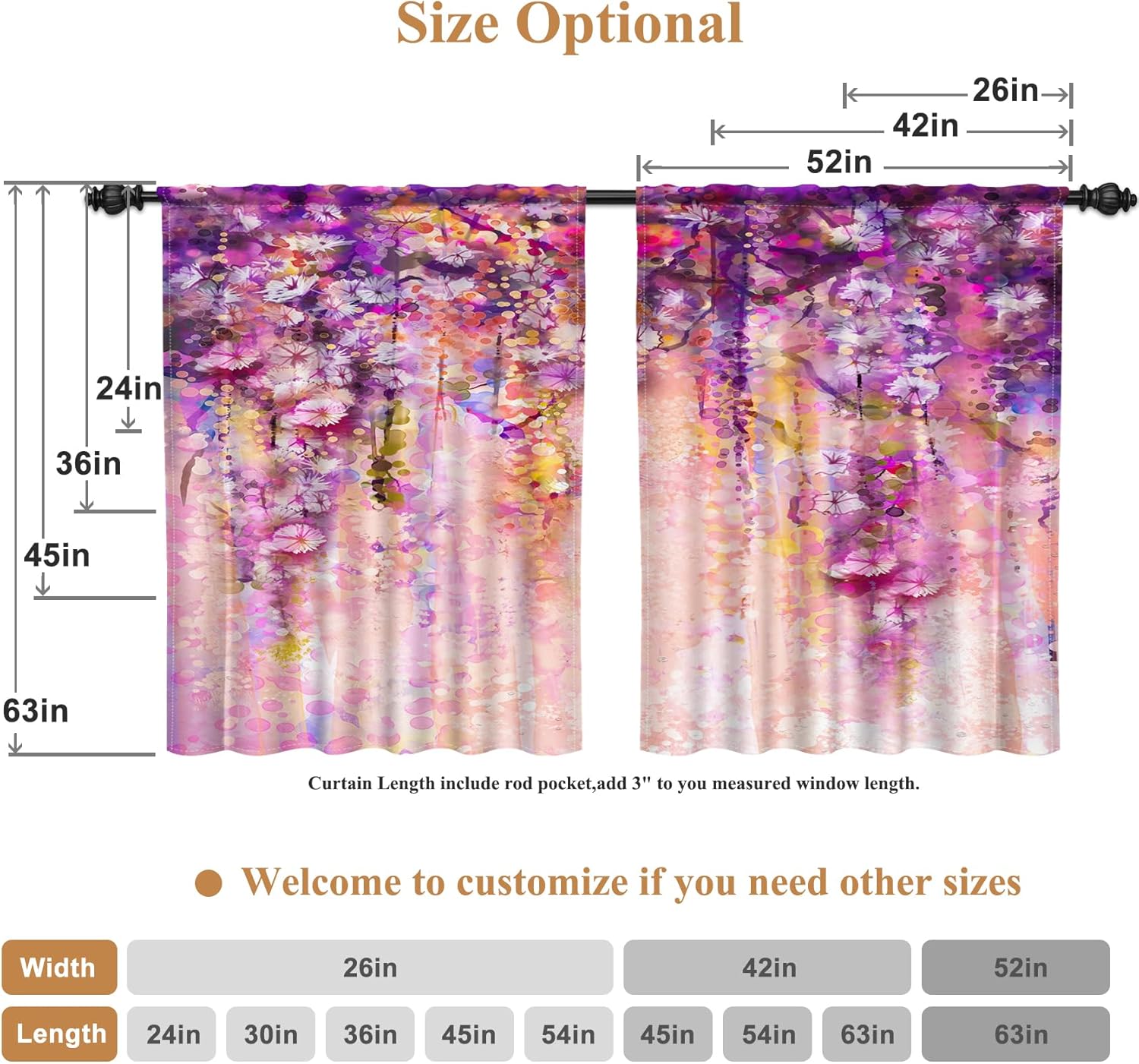 Renaiss 42 x 63 Inch Purple Flowers Floral Curtains Colorful Flowers Pink Wall Garden Window Treatment Light Filtering Decorative Curtain for Women Girls Bedroom Rod Pocket Tab Window Drapes 2 Panels