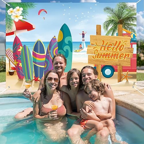 Miniatura 6 de Cartel de fondo para fiesta en la piscina, pancarta de fiesta temática de playa de verano, telón de fondo de playa para fiesta de surf, decoración