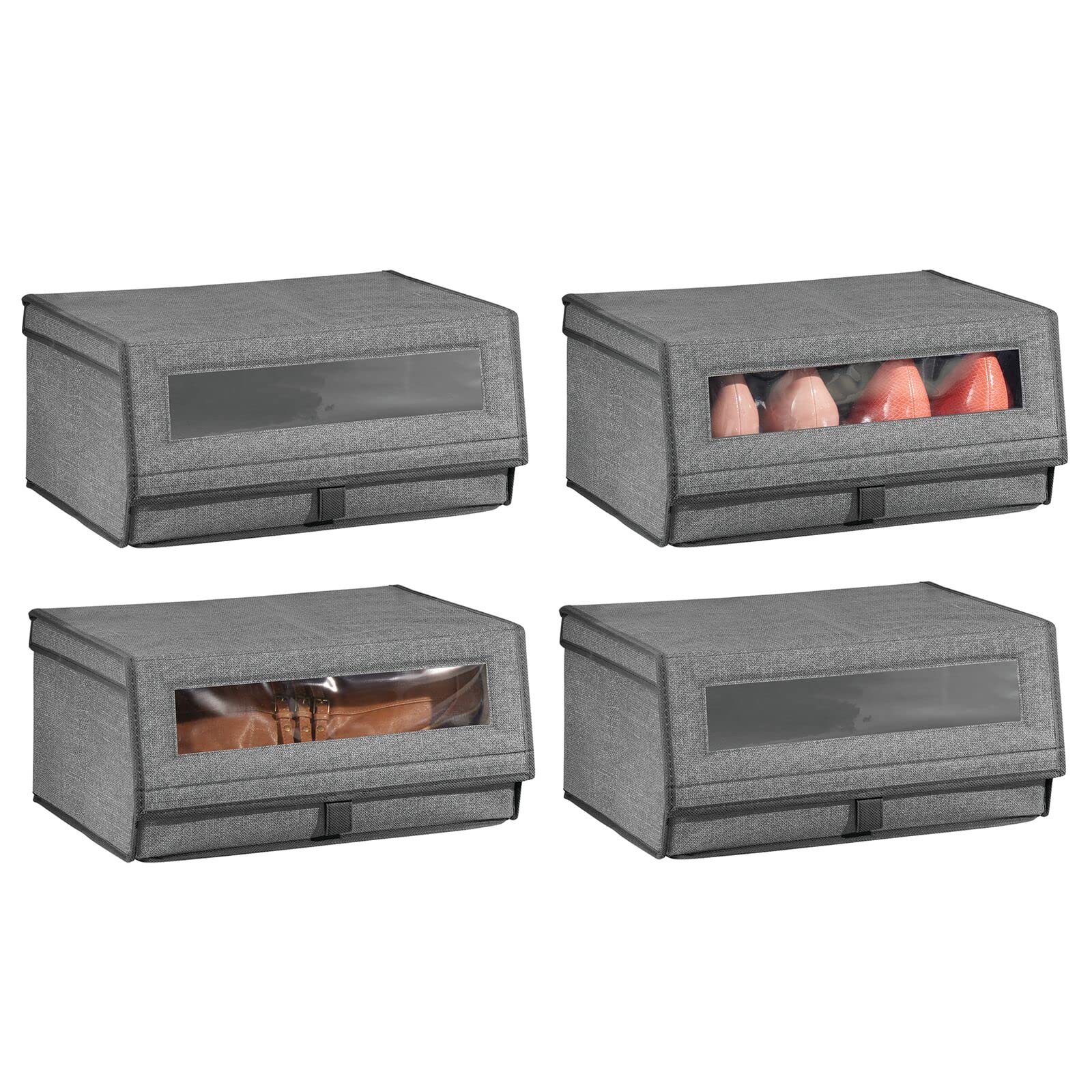 mDesign 4er-Set Schuhaufbewahrung aus Stoff – stapelbare Schuhbox mit Sichtfenster, Klettverschluss und Klappdeckel – Aufbewahrungsbox für den Schrank oder das Regal – dunkelgrau